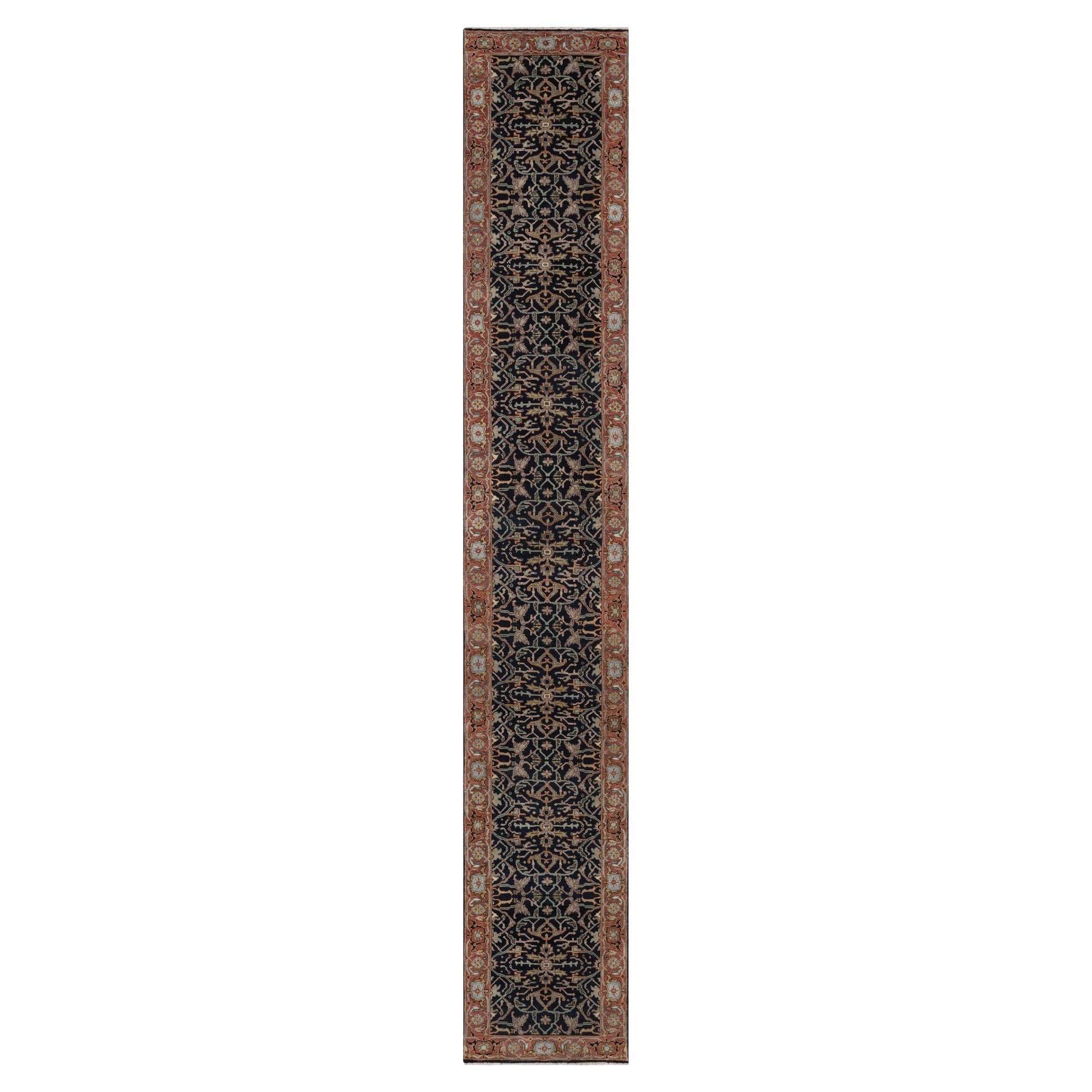 2'6"x16' Midnight Blue Fine Heriz Re-Creation Soft Wool Hand Knotted Runner Rug