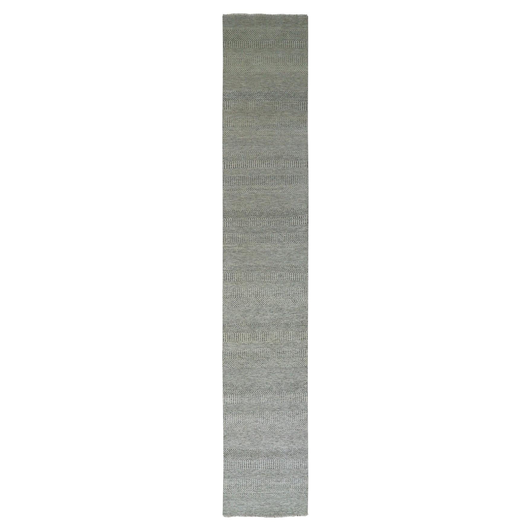 2'6"x16' Pastel Gray Hand Knotted Grass Design Wool Undyed XL Runner Rug