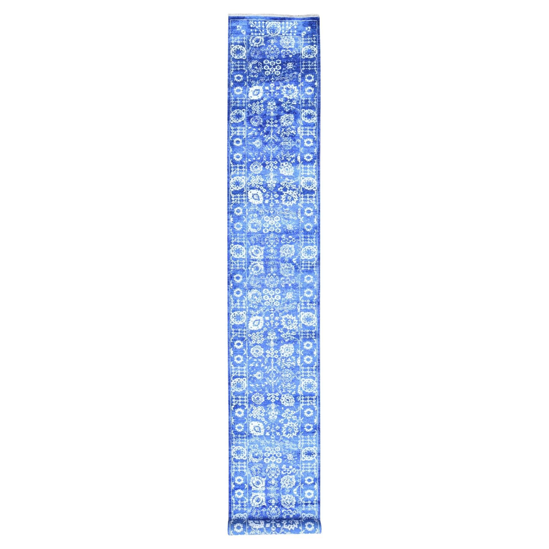 2'6 "x16'10" Blau, Ton in Ton Tabriz, Wolle und Seide handgeknüpft, XL Läufer Teppich im Angebot