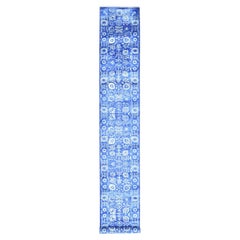 2'6"x16'10" Blue, Tone on Tone Tabriz, Wool and Silk Hand Knotted, XL Runner Rug