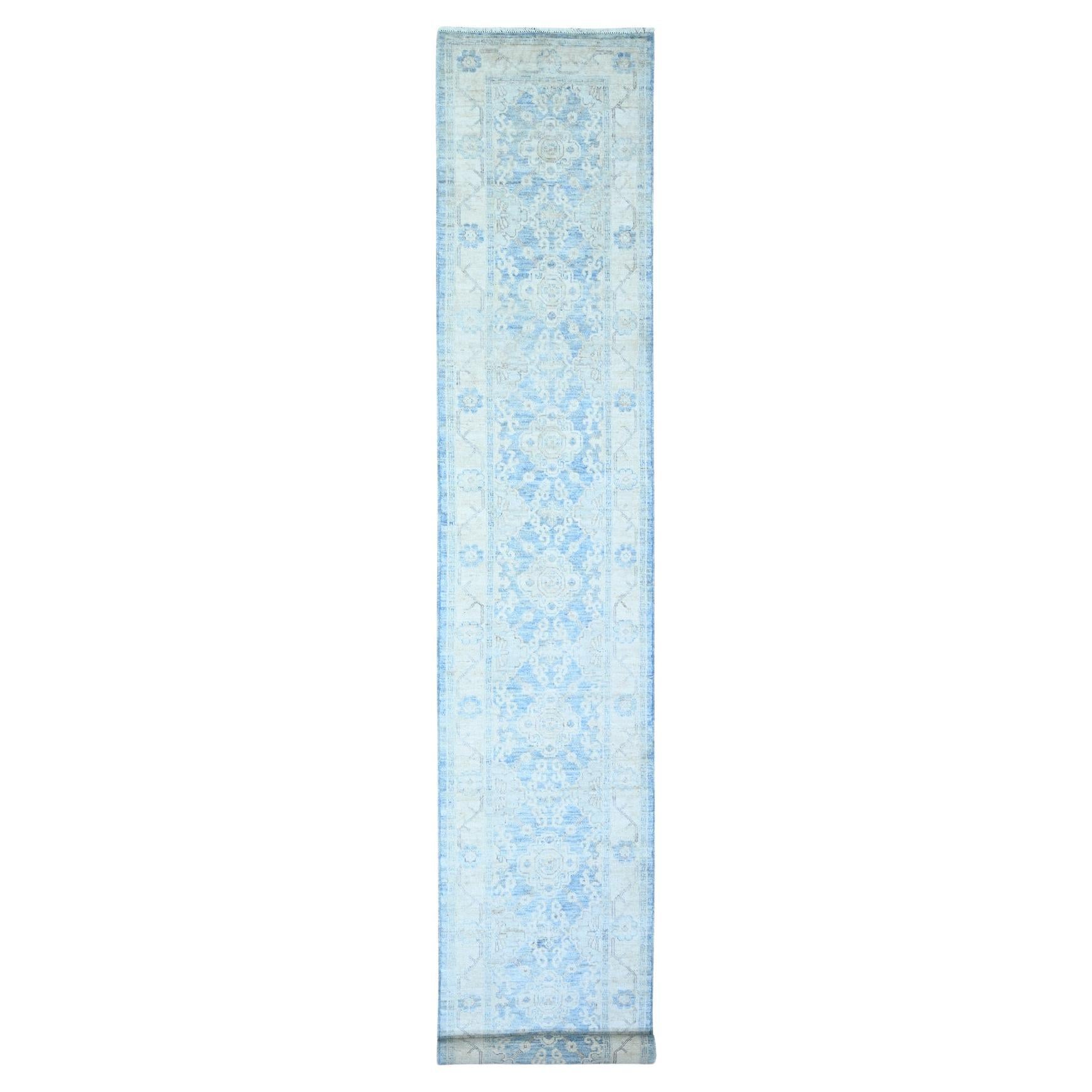2'6 "x16'2" Tapis de course XL en laine bleue Peshawar avec design délavé, noué à la main