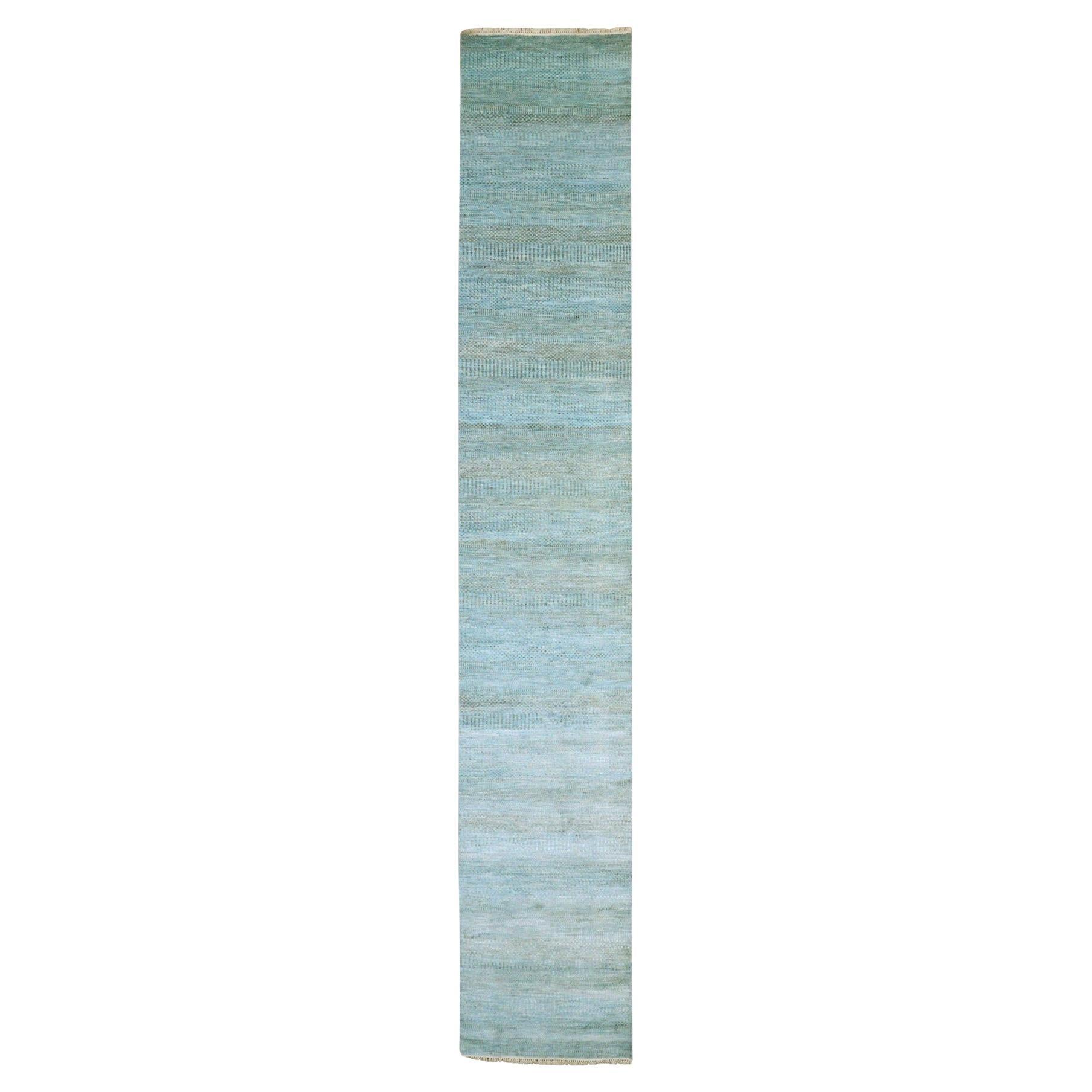 2'6 "x16'3" Tapis de course bleu océan teint à la main en laine et soie Grass Design XL