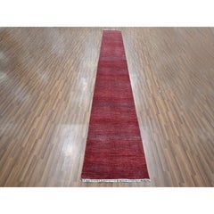 2'6"x16'3" Ruby Red Modern Grass Design Hand Knotted Wool & Silk Runner Rug