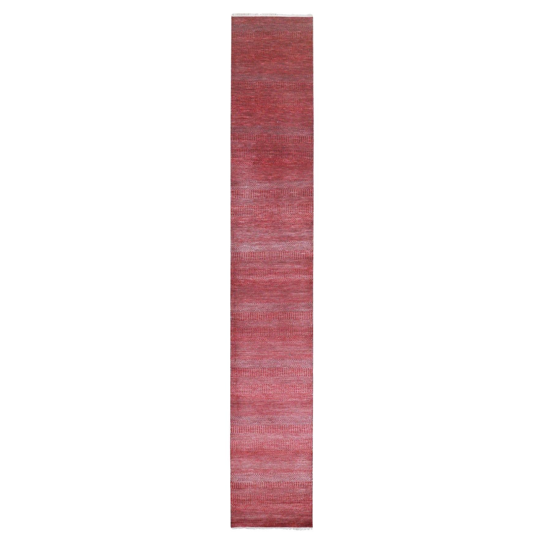 2'6"x16'3" Ruby Red Modern Grass Design Hand Knotted Wool & Silk Runner Rug