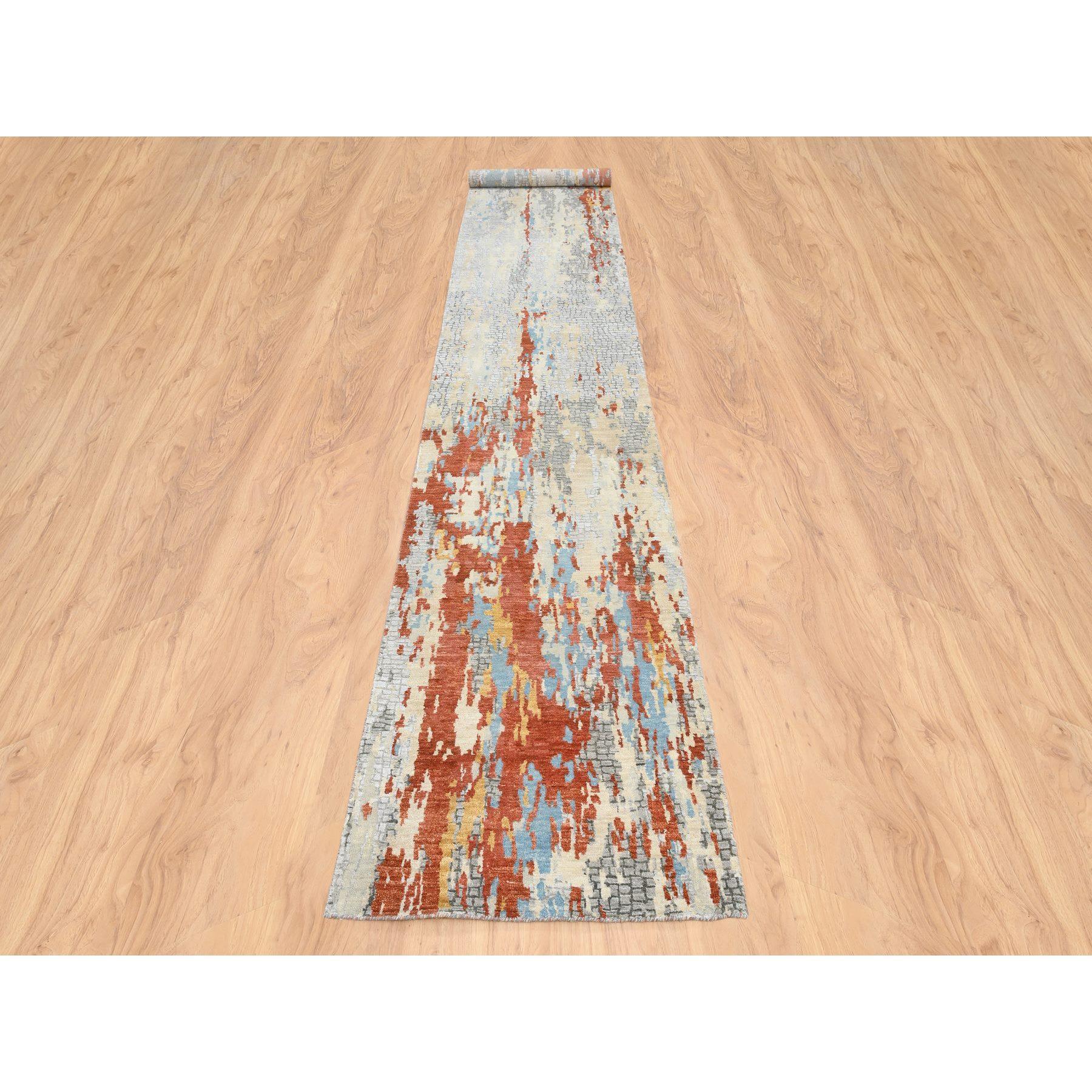 This is a truly genuine one-of-a-kind Cream-Rust, Hand Knotted Abstract With Fire Mosaic Design, Wool And Silk, XL Runner Oriental Rug. It has been Knotted for months and months in the centuries-old weaving craftsmanship techniques by expert