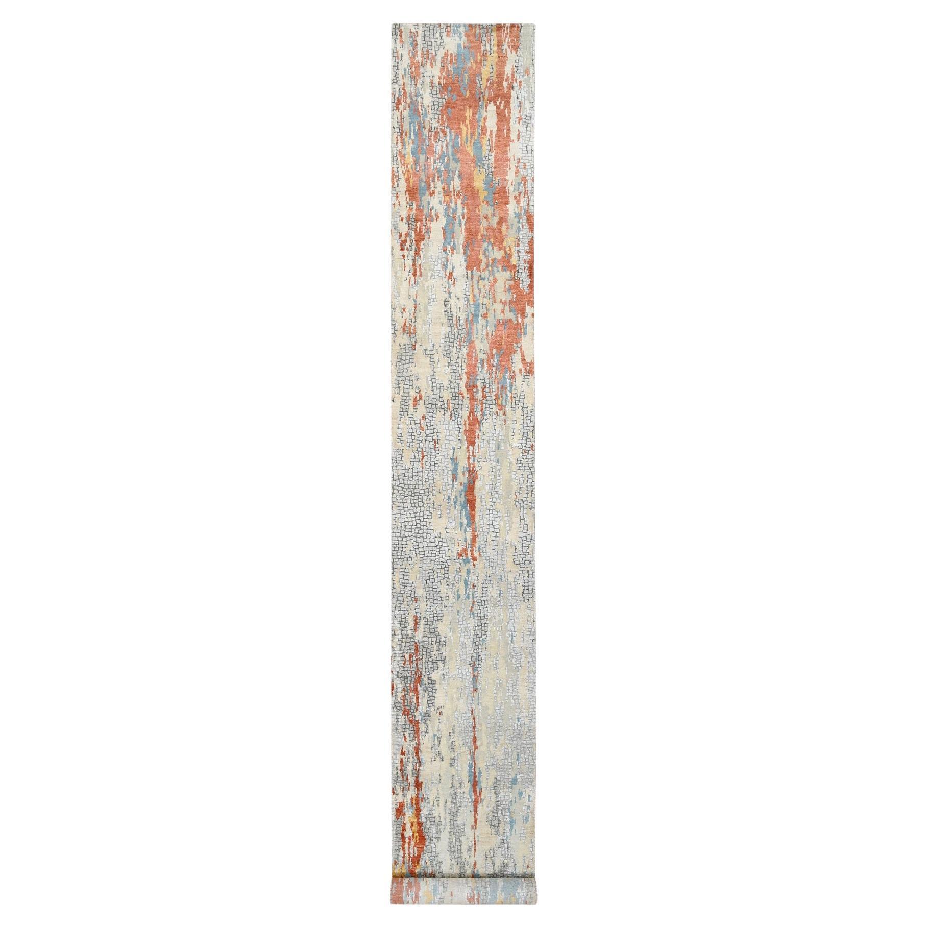 2'6"x17'8" Cream-Rust Hand Knotted Abstract Design Wool And Silk XL Runner Rug For Sale
