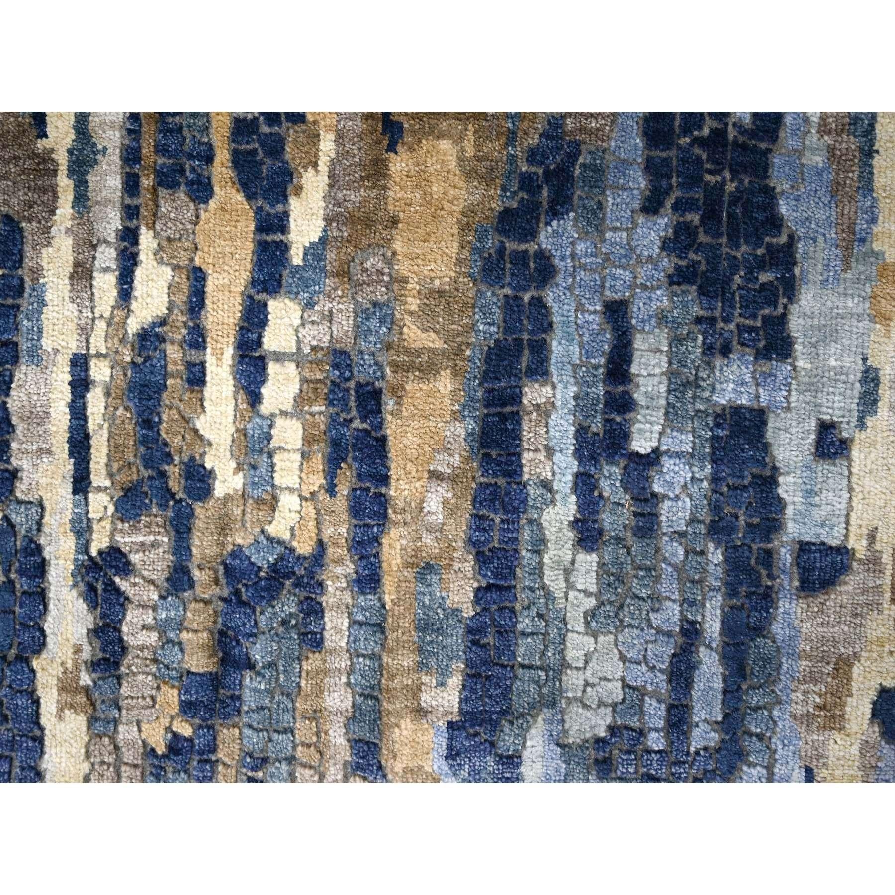 Annodato a mano Tappeto Runner XL in lana e seta con disegno a mosaico blu di Prussia annodato a mano 2'6 