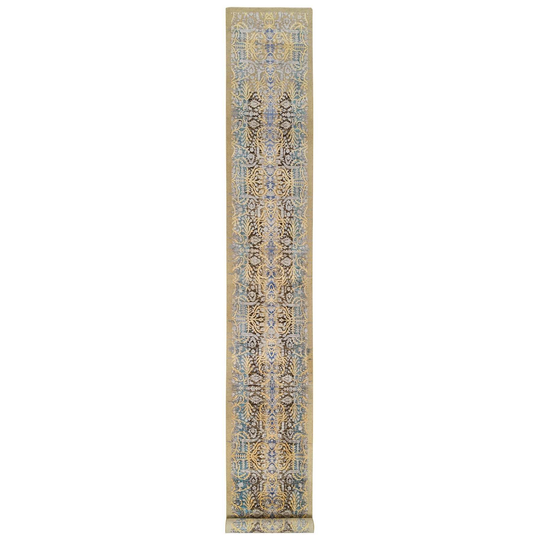 2'6"x18' Brown, Hand Knotted, Transitional Sarouk, Silk with Wool XL Runner Rug
