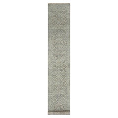2
6"x18
 Gray Erased and Broken Garden Design Hand Knotted Pure Wool Runner Rug