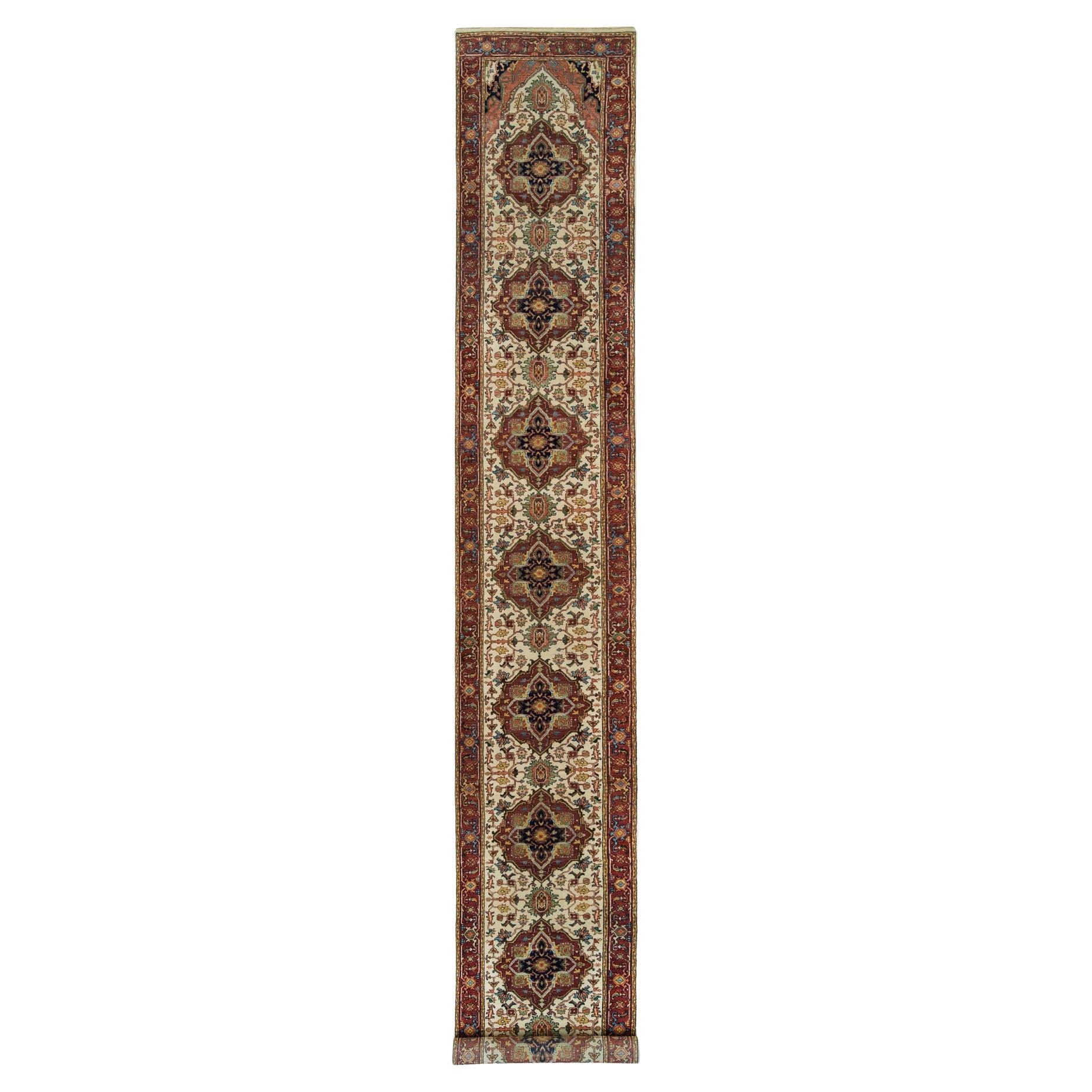 2'6"x18' Ivory Wool Heriz Re-Creation Hand Knotted XL Runner Oriental Rug