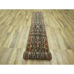 2'6"x18' Navy Blue Heriz Design Hand Knotted New Zealand Wool Runner Rug