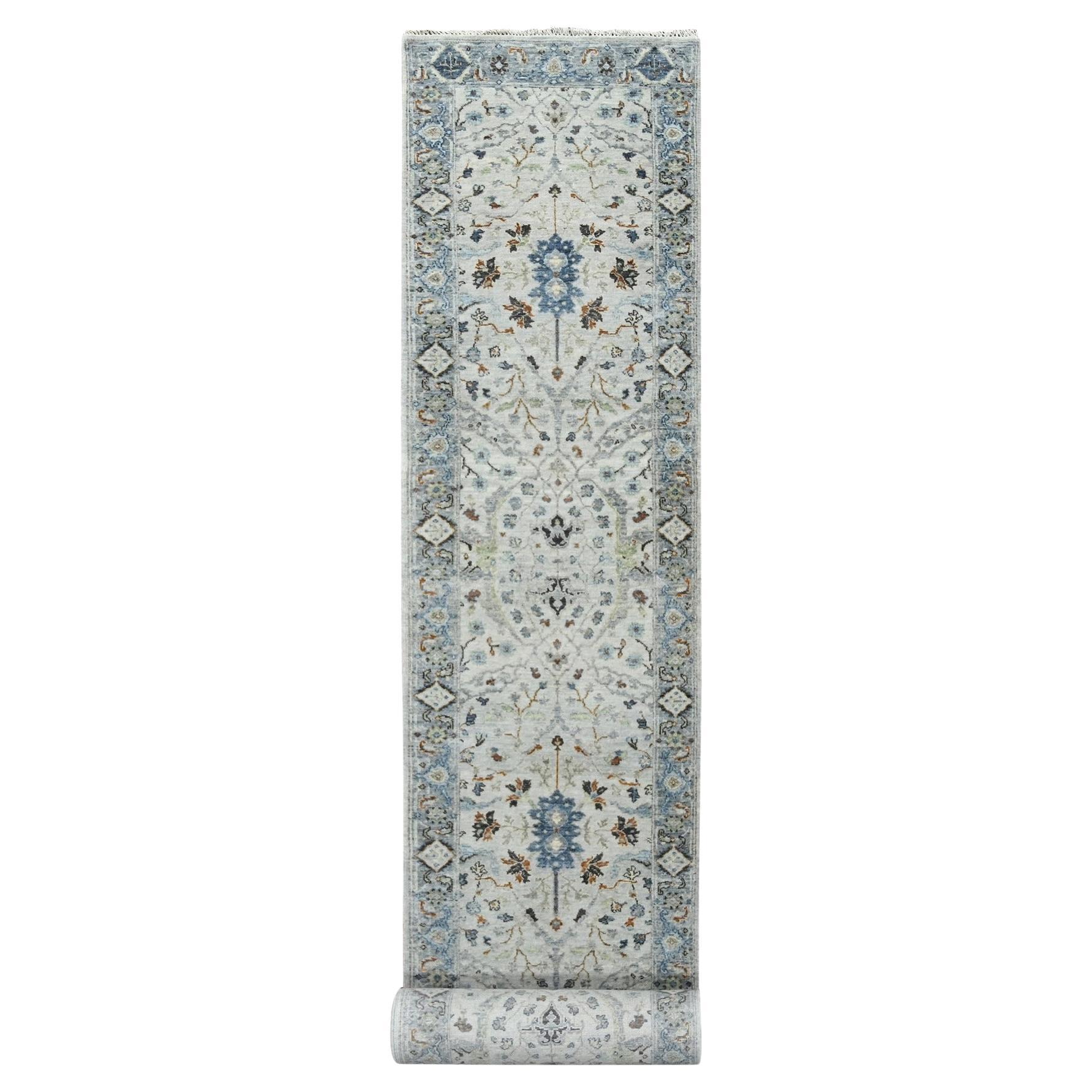 2'6"x18' Reflection Gray Wool Hand Knotted Floral Pattern Oushak XL Runner Rug