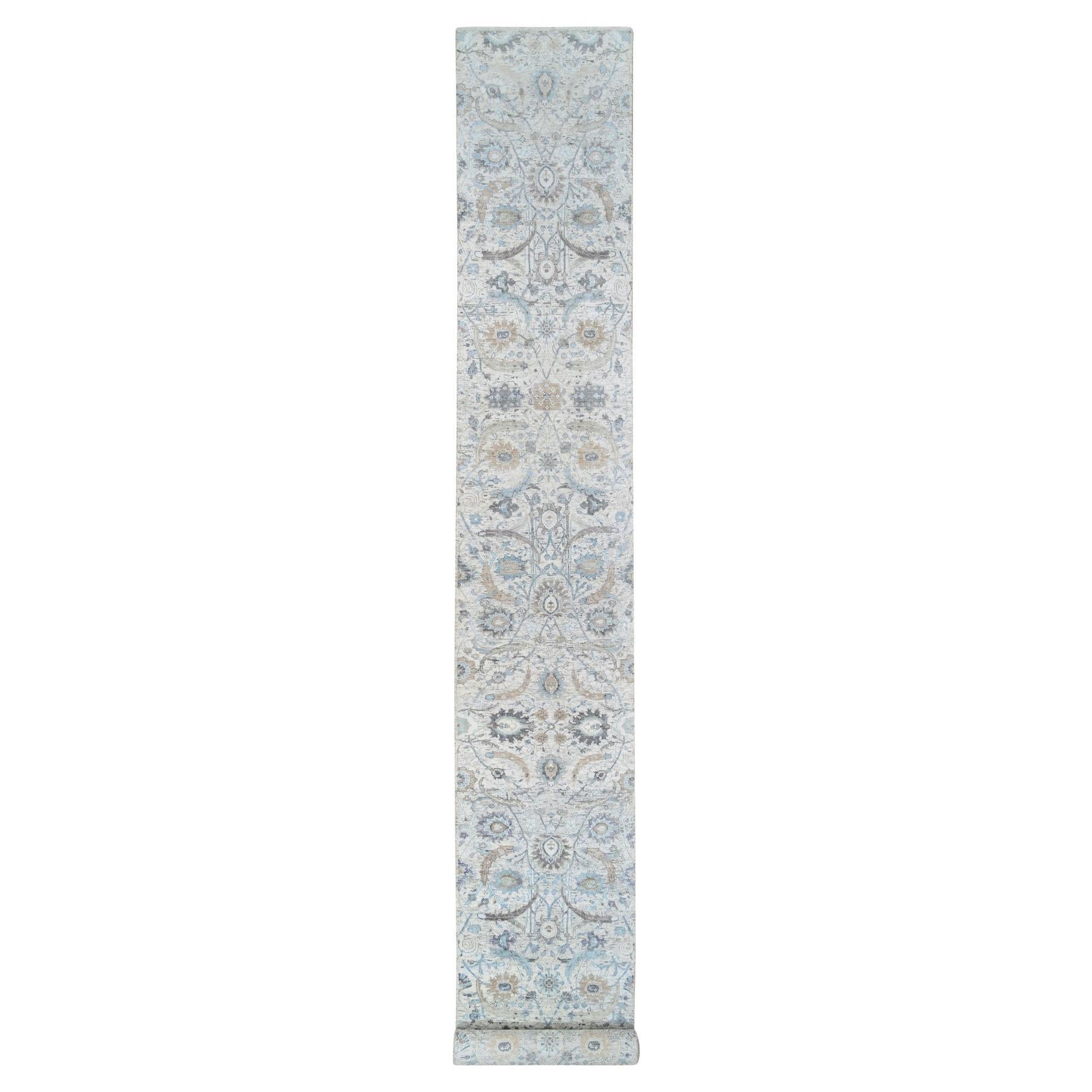 2'6"x18'1" Ivory Silk with Wool Hand Knotted, Sickle Leaf Design XL Runner Rug