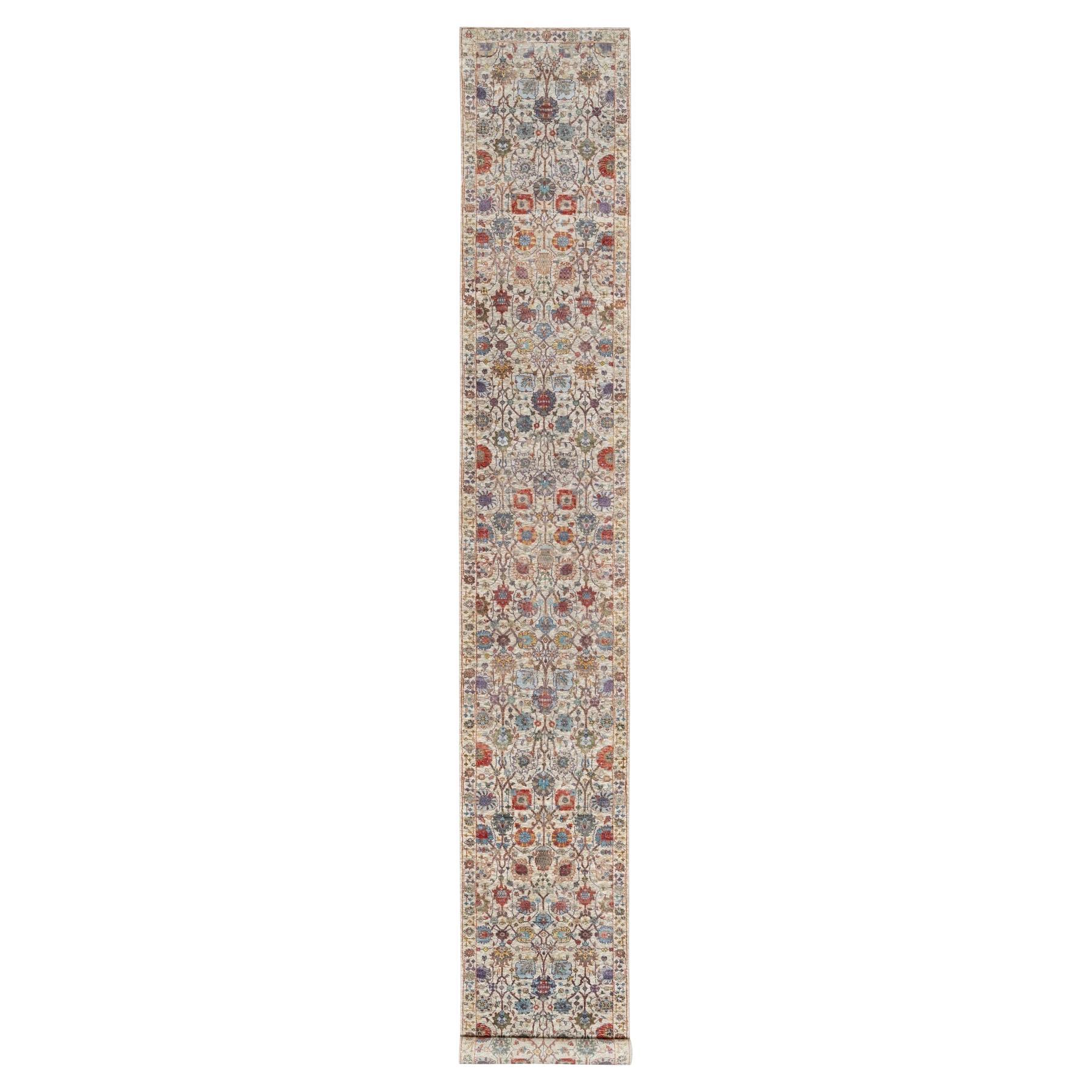 2'6 "x18'4" Weiß Tebraz Vase Hand geknüpft Seide und Wolle XL Läufer Orientteppich