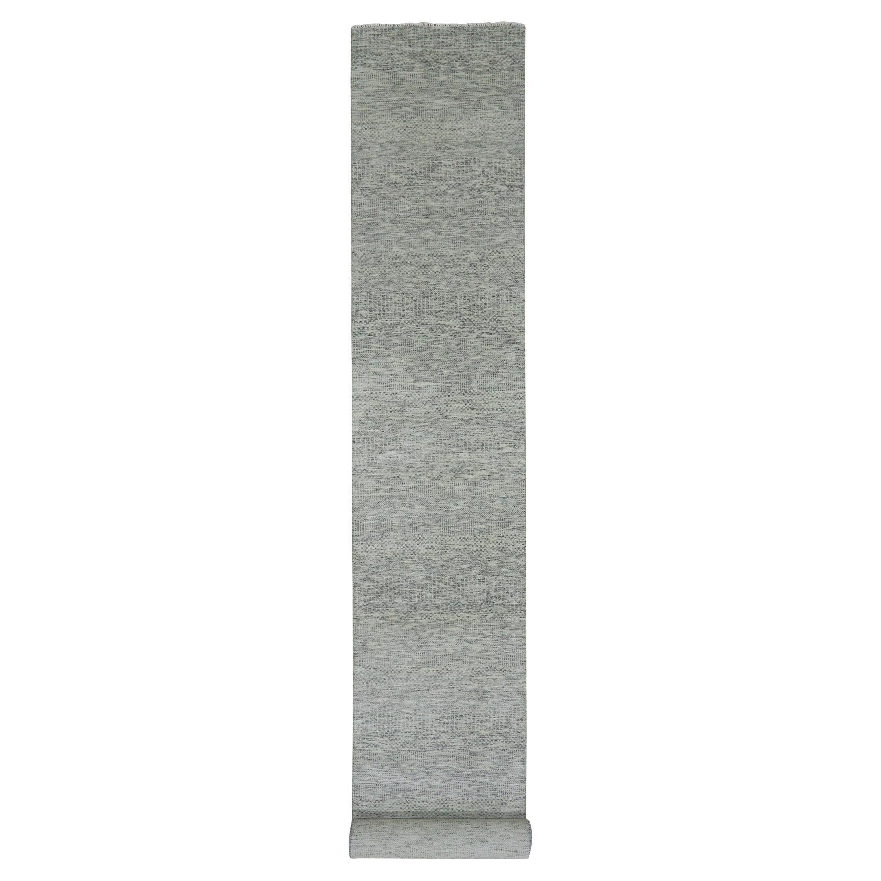 2'6"x18'5" Gray Hand Knotted Undyed Wool XL Runner Grass Design Oriental Rug