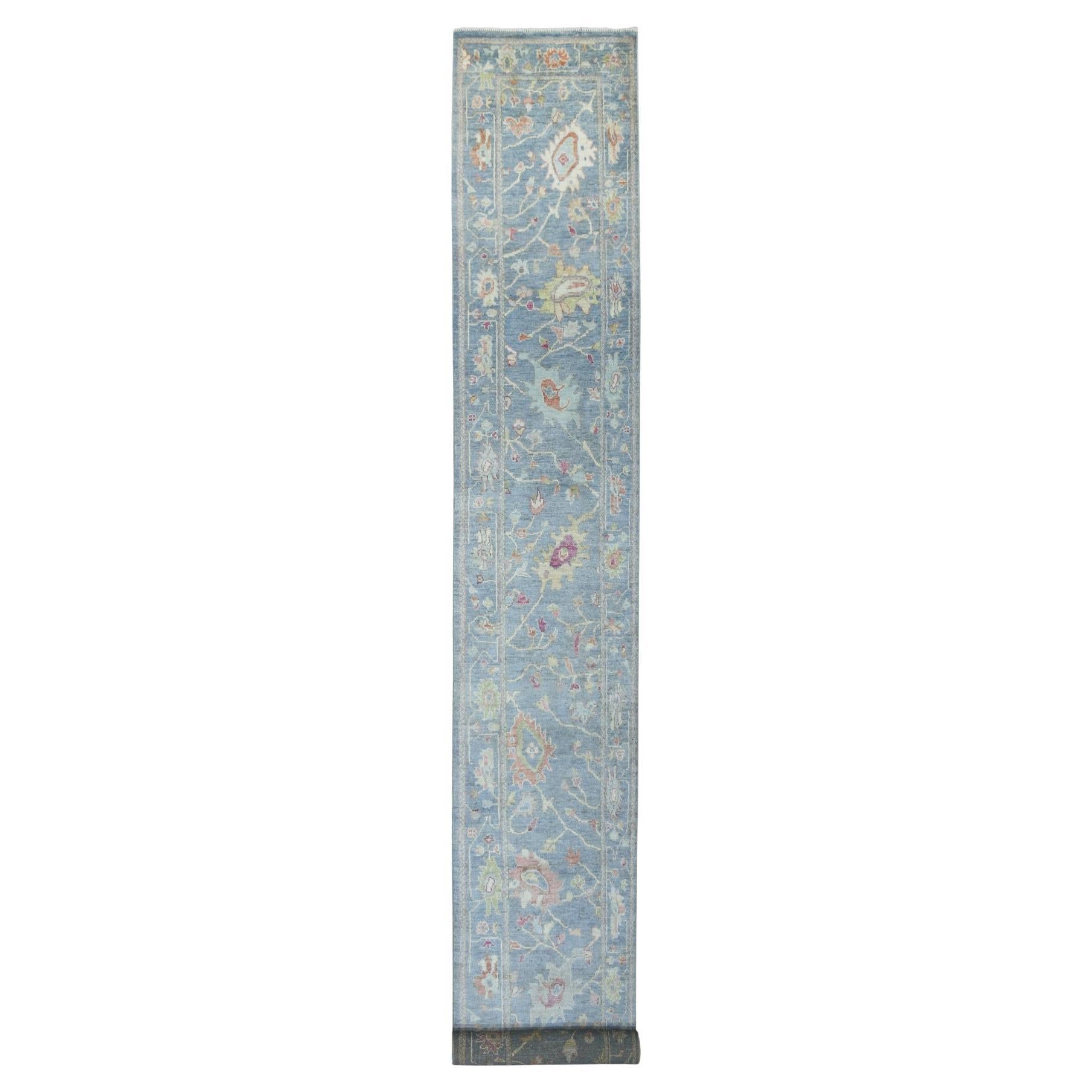 2'6"x19'2" Deim Blue Hand Knotted Angora Oushak XL Runner Soft Afghan Wool Rug For Sale