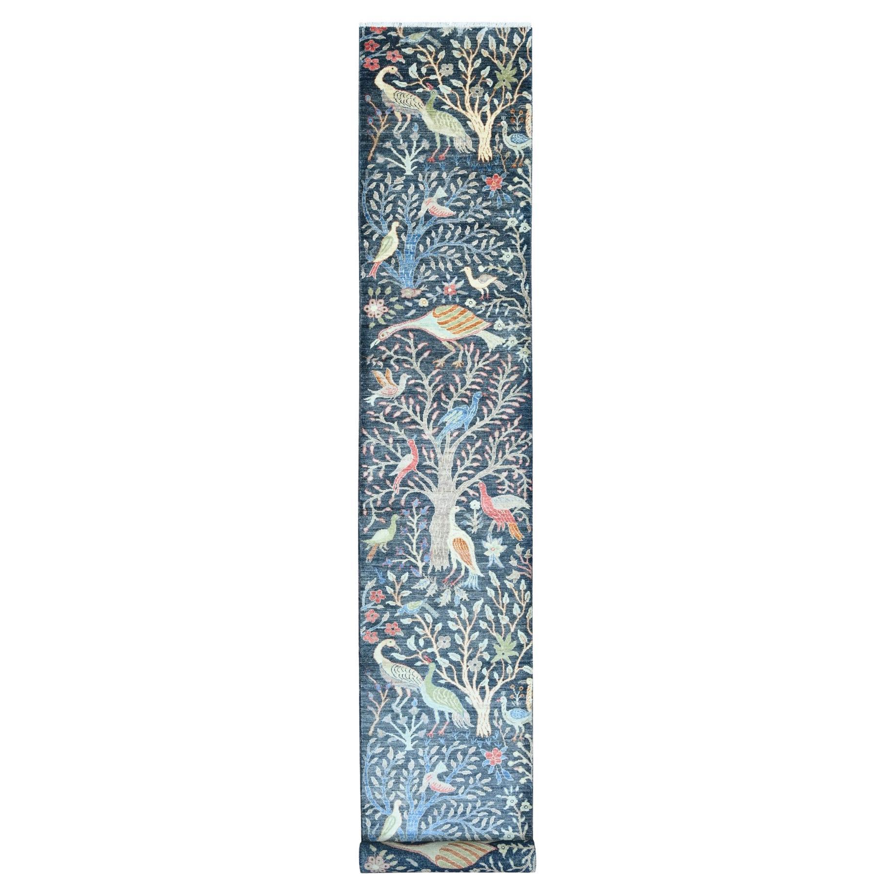 2'6 "x19'3" Tapis de course en laine nouée à la main Blue Peshawar Birds of Paradise Design Rugs
