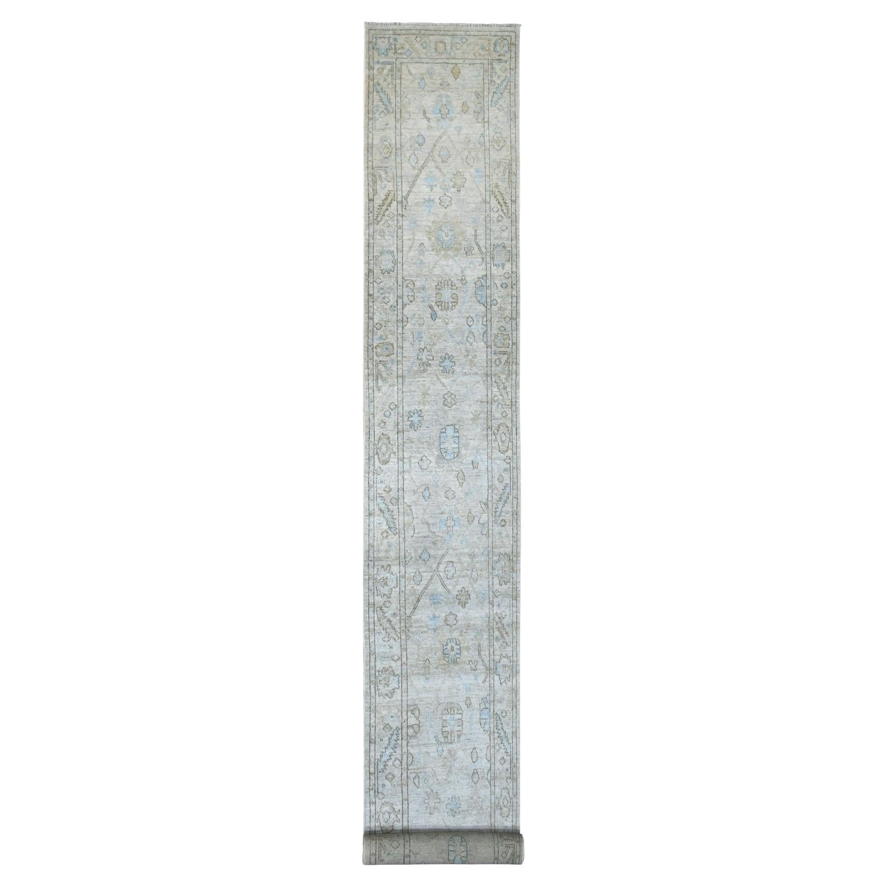2'6"x19'9" Hand Knotted Angora Oushak Afghan Runner with Leaf Border Rug