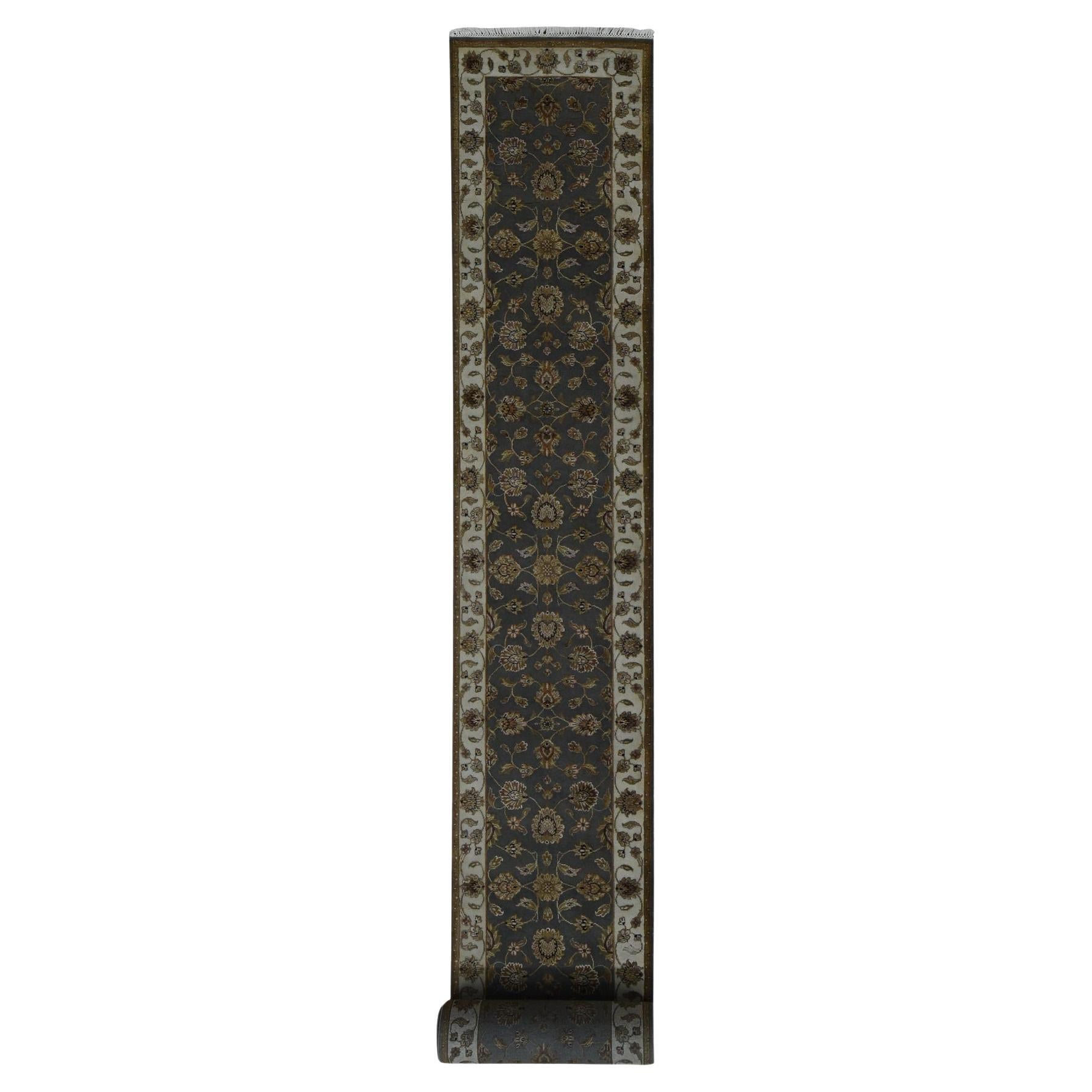 2'6"x20' Gray, Rajasthan Design, Wool and Silk, Hand Knotted, XL Runner Rug