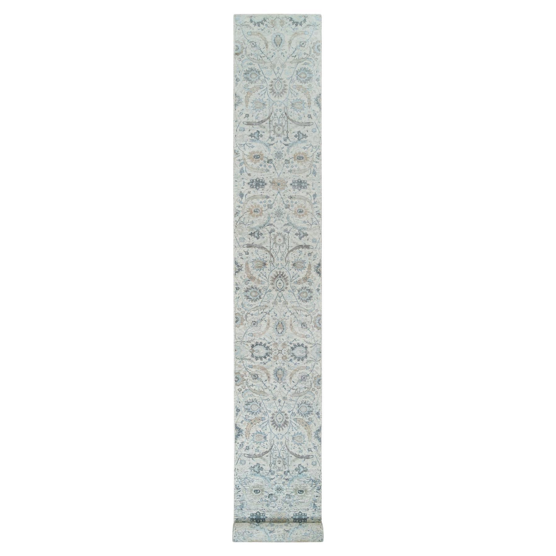 2'6 "x20' Avorio, design a foglie di falce, seta con lana annodata a mano XL Runner Rugs