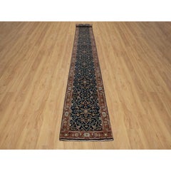 2'6"x20'1" Midnight Blue Antiqued Heriz Re-Creation Hand Knotted Wool Runner Rug