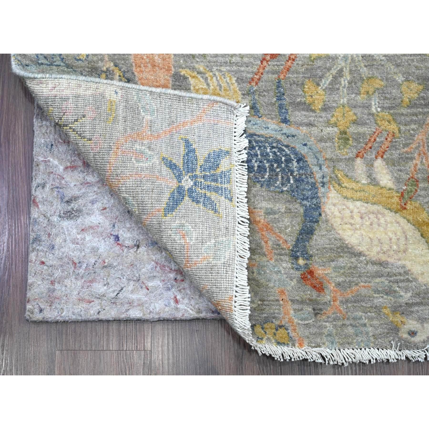 Misty Gray, Afghan Peshawar with Birds of Paradise Design, Hand Knotted, Soft Wool, Vegetable Dyes, XL Runner, Oriental Rug
Primary materials: Wool
Latex: No Pile 
height: 0.25 Inches
Style: Transitional
Primary color: Grey
Secondary colors: Red,