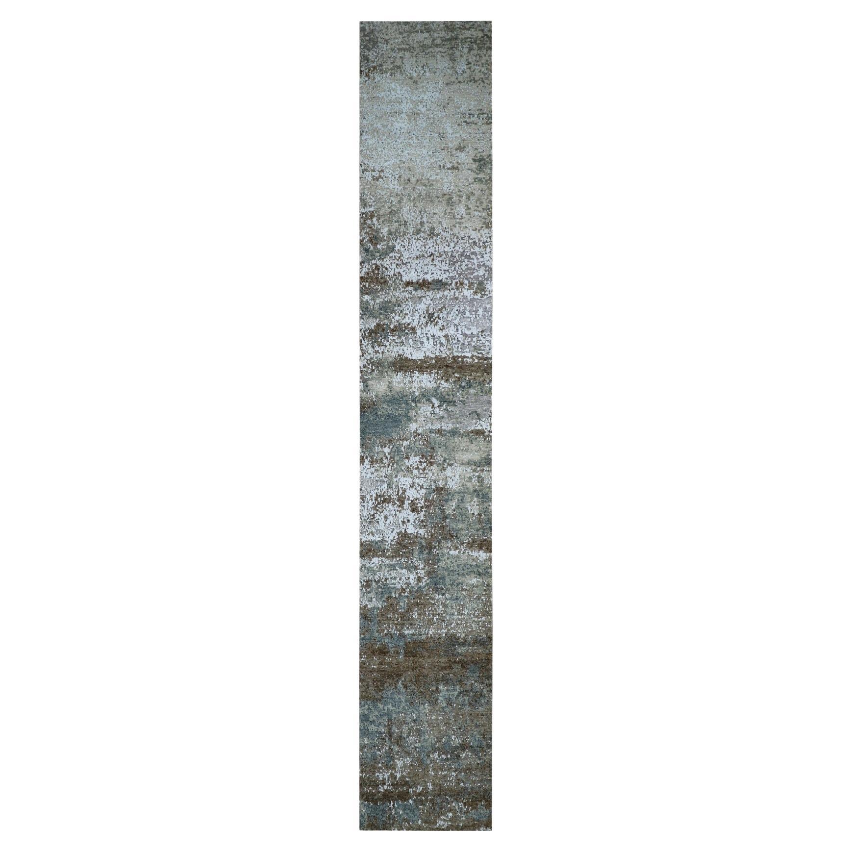 2'6"x20'3" Esche Grau, handgeknüpftes abstraktes Design, reine Wolle XL Läufer