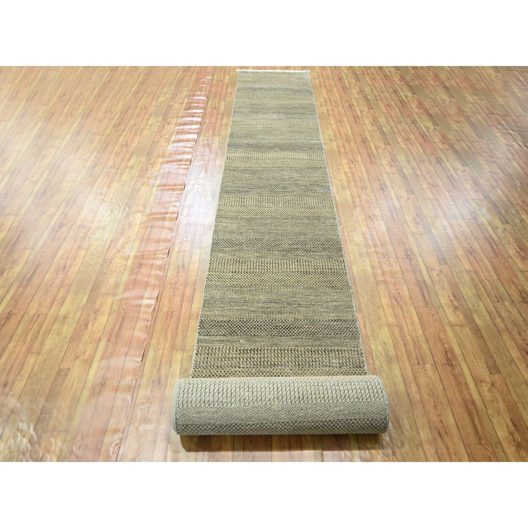 Ecru Brown, Modern Grass Design, Hand Knotted, Wool and Silk, Denser Weave, Tone on Tone, Lush and Plush, Borderless, XL Runner, Oriental Rug
Primary materials: Wool & Silk
Latex: No Pile 
height: 0.25 Inches
Style: Contemporary
Primary color: