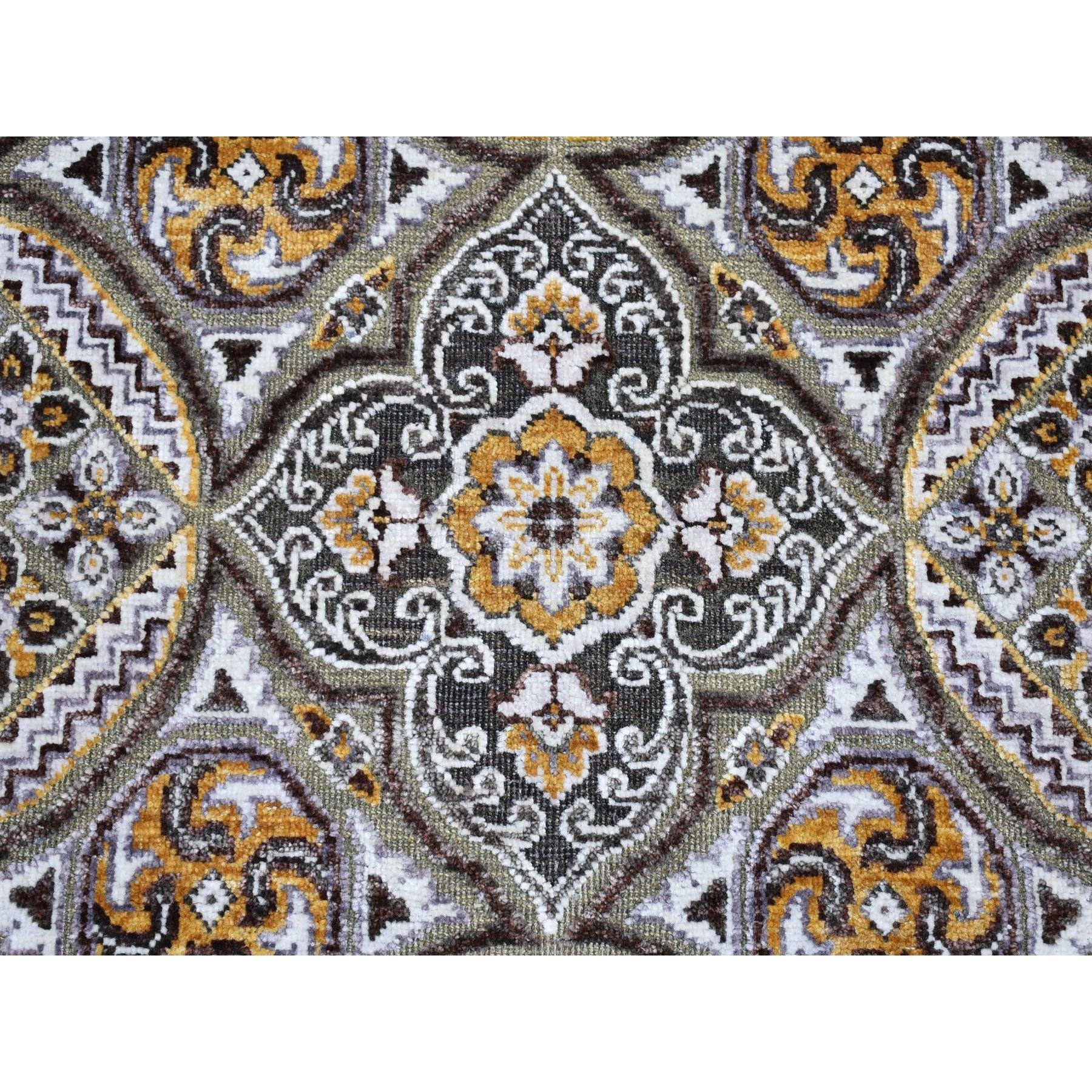 Medievale Tappeto Runner XL in lana e seta marrone e grigio di ispirazione Mughal 2'6 