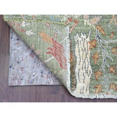 2'6"x21'9" Green Soft Wool Peshawar Birds of Paradise Design Hand Knotted Runner