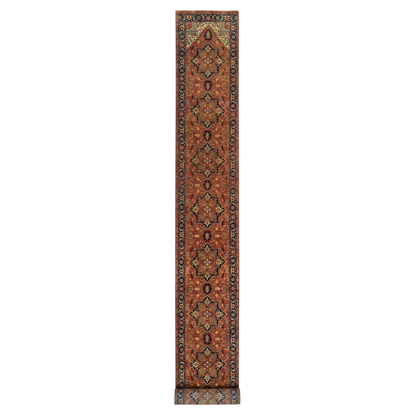2'6"x22' Red Antiqued Fine Heriz Re-Creation Hand Knotted Wool XL Runner Rug For Sale