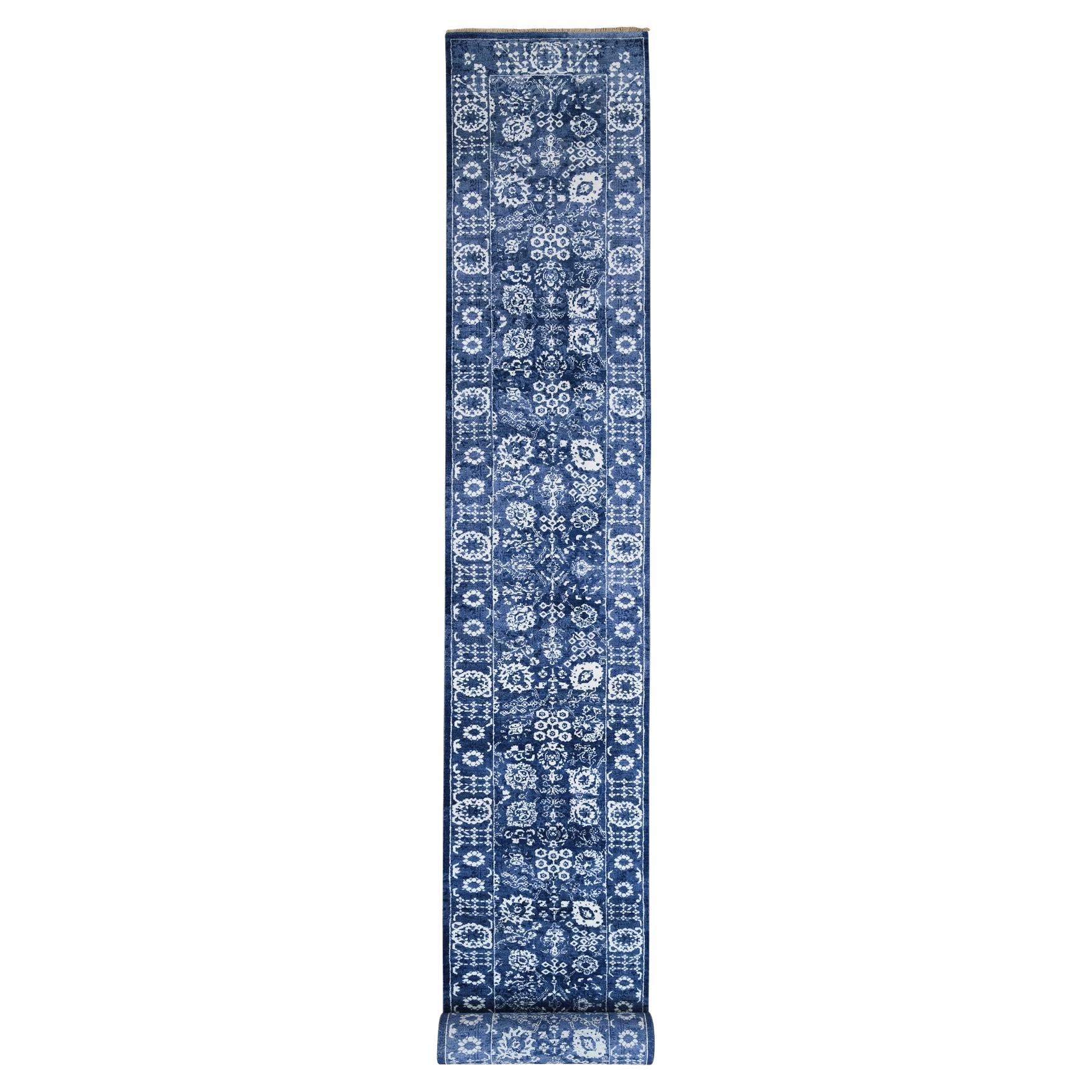 2'6"x23'10" Denim Blue Wool and Silk Tone On Tone Tabriz Hand Knotted Runner Rug