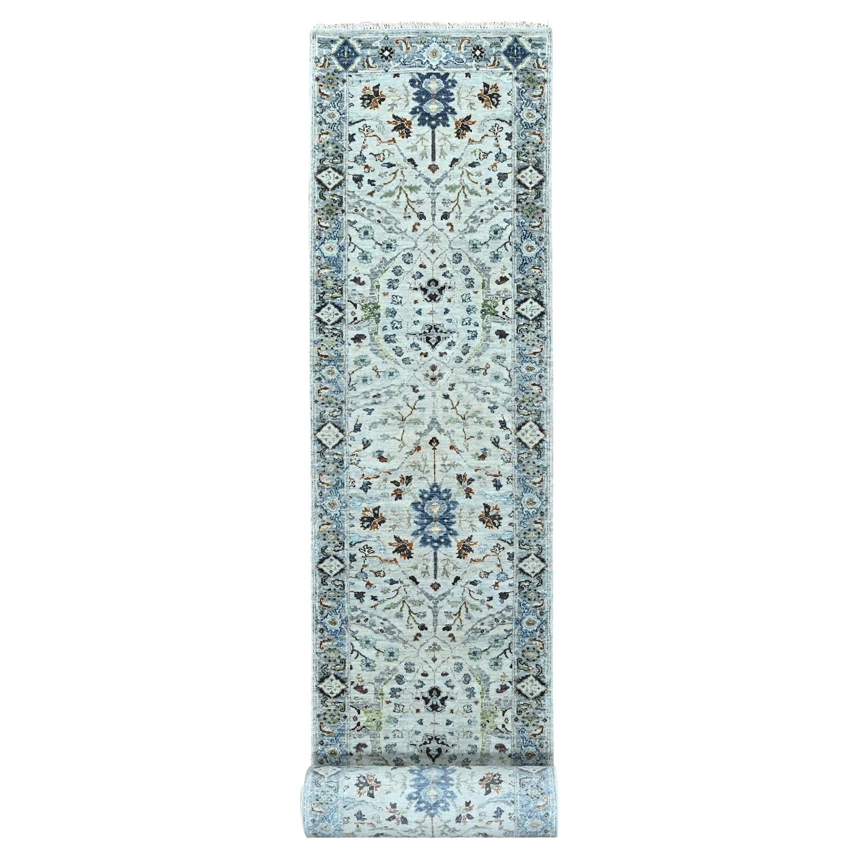 2'6"x23'10" Gray Oushak Floral Motifs All Wool XL Runner Hand Knotted Rug