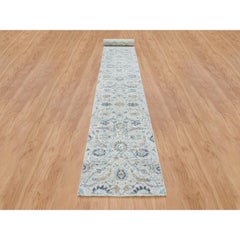 2'6"x23'10" Ivory Silk with Wool Hand Knotted Sickle Leaf Design XL Runner Rug