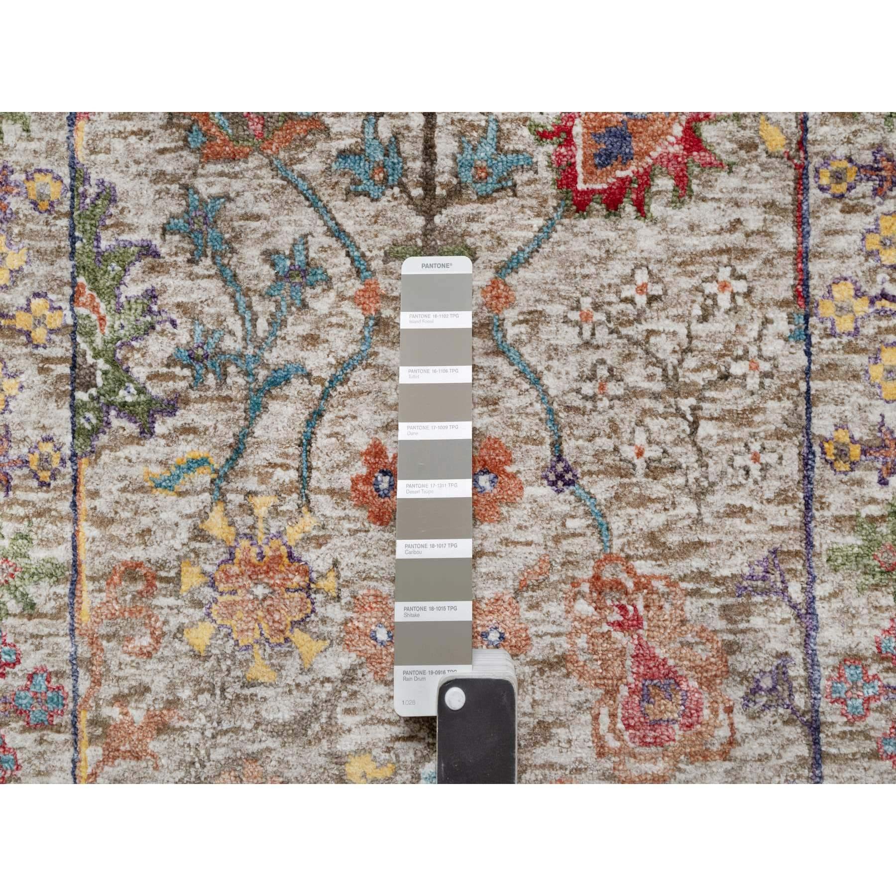 Indiano Tappeto Runner XL Pearl Bush Beige Lana e Seta Annodato a Mano con Design a Vaso 2'6 