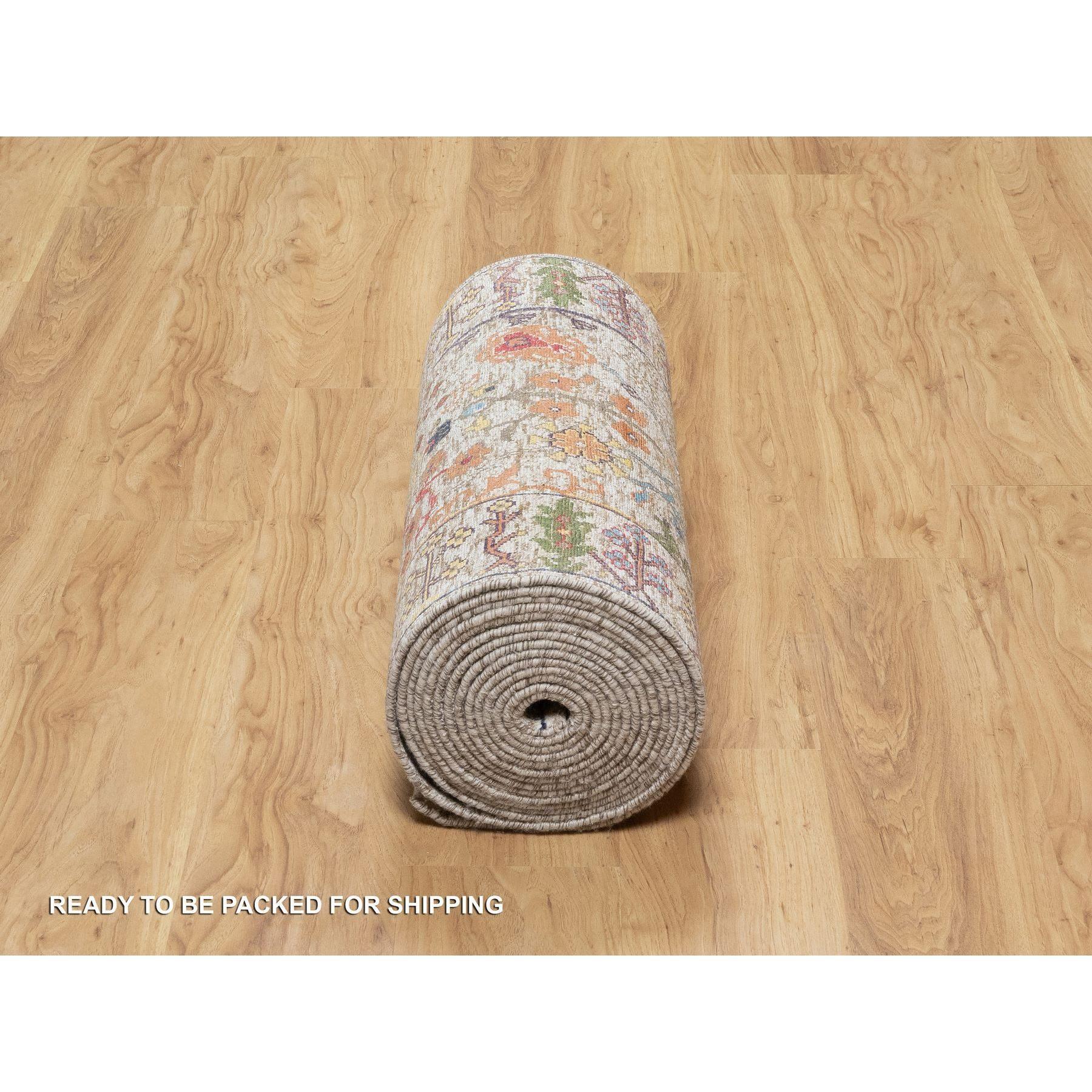Tappeto Runner XL Pearl Bush Beige Lana e Seta Annodato a Mano con Design a Vaso 2'6 