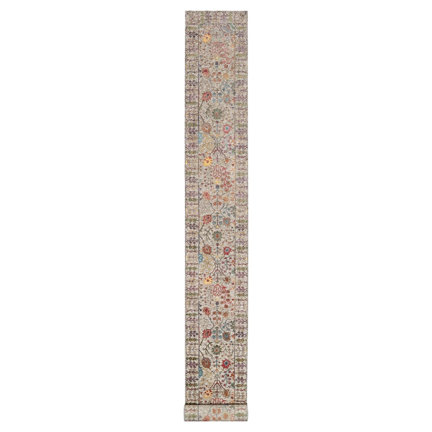 2'6"x23'10" Perle Bush Beige Wolle & Seide Handgeknüpfter Vase Design XL Läufer