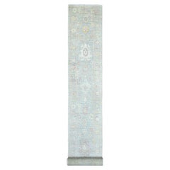 2'6"x23'4" Blueish Gray Angora Oushak Leaf Design Hand Knotted Wool Runner Rug