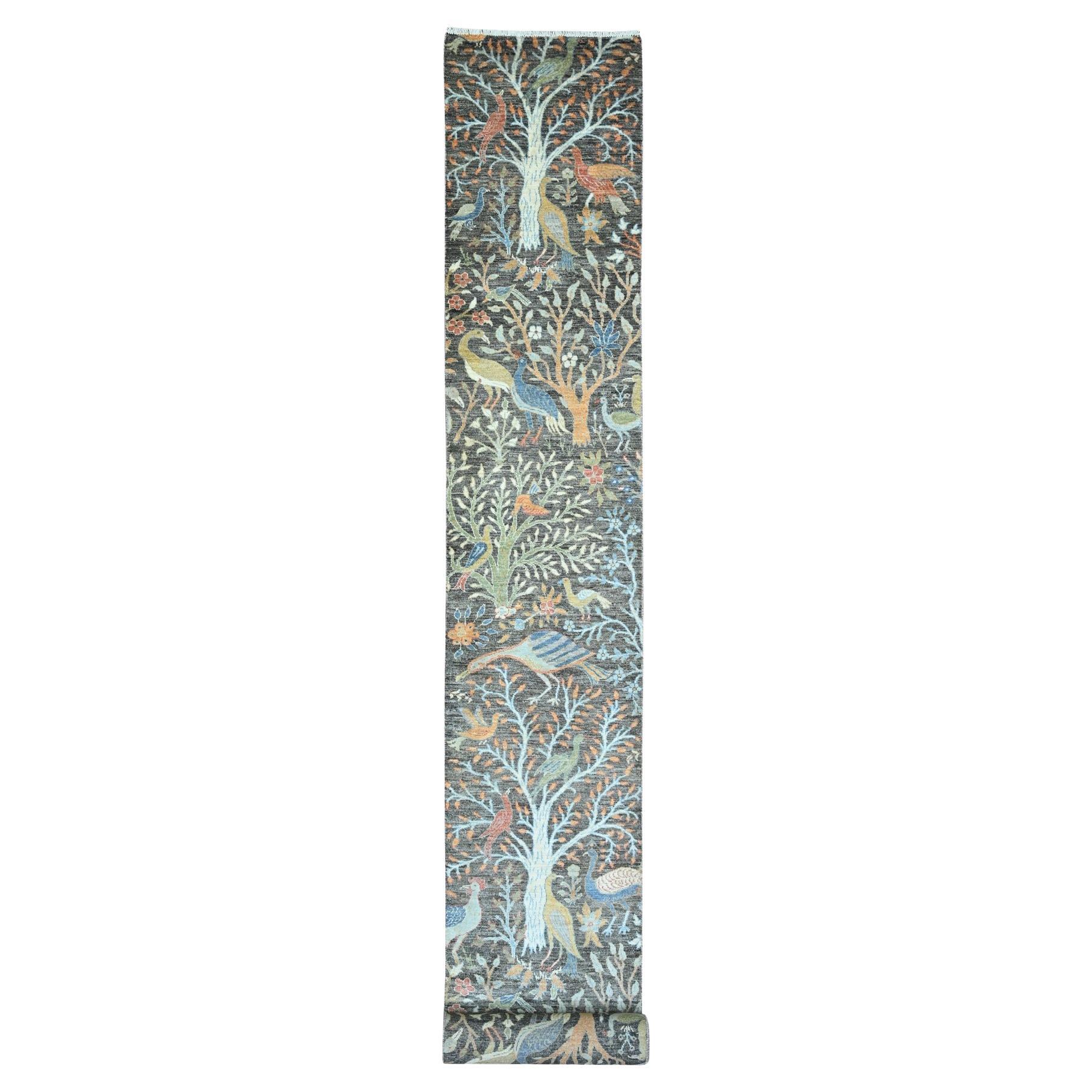 2'6 "x23'8" Gray Hand Knotted Peshawar Birds of Paradise Design Wool Runner Rugner