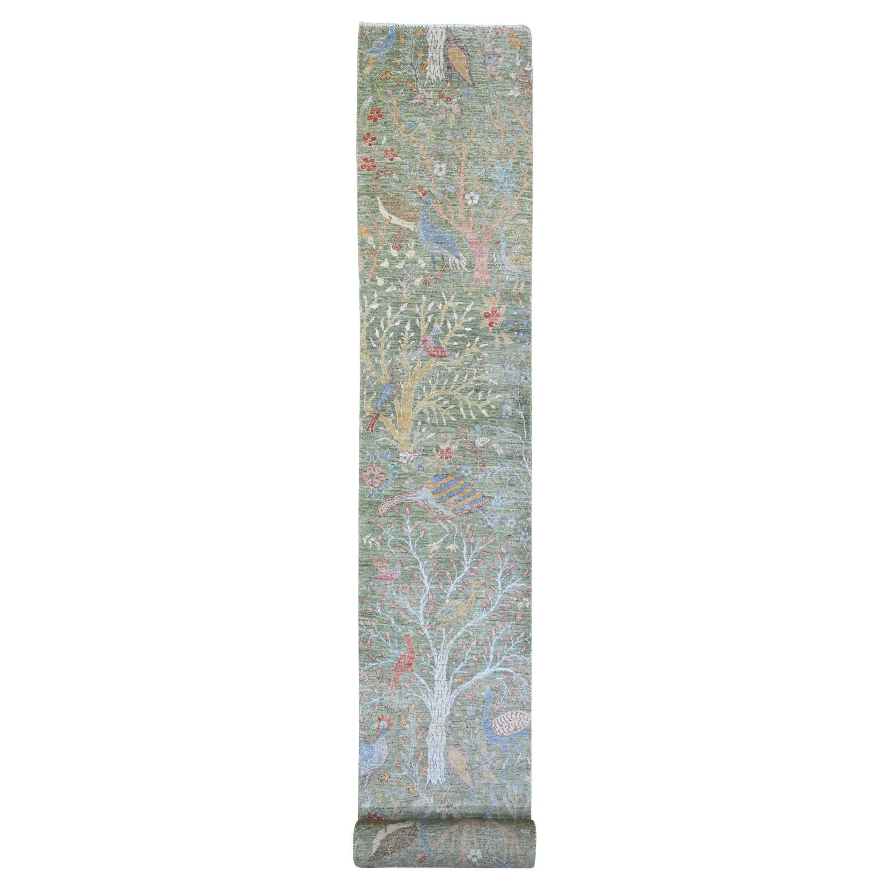 Tappeto Runner Peshawar Birds of Paradise Design in lana annodato a mano 2'6 "x24' verde