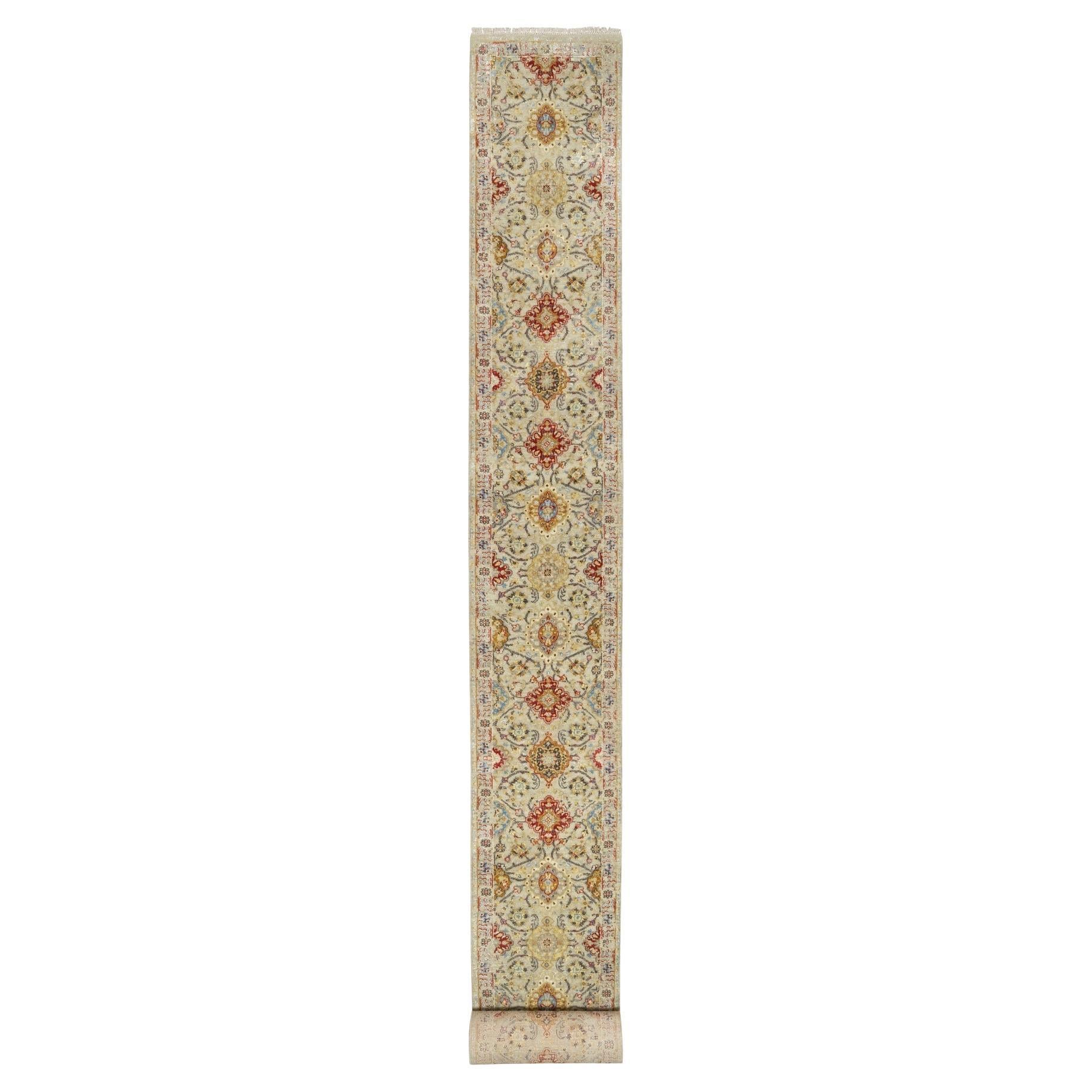 Tappeto Runner XL beige The Sunset Rosettes in lana e seta annodato a mano 2'6 "x24'1"