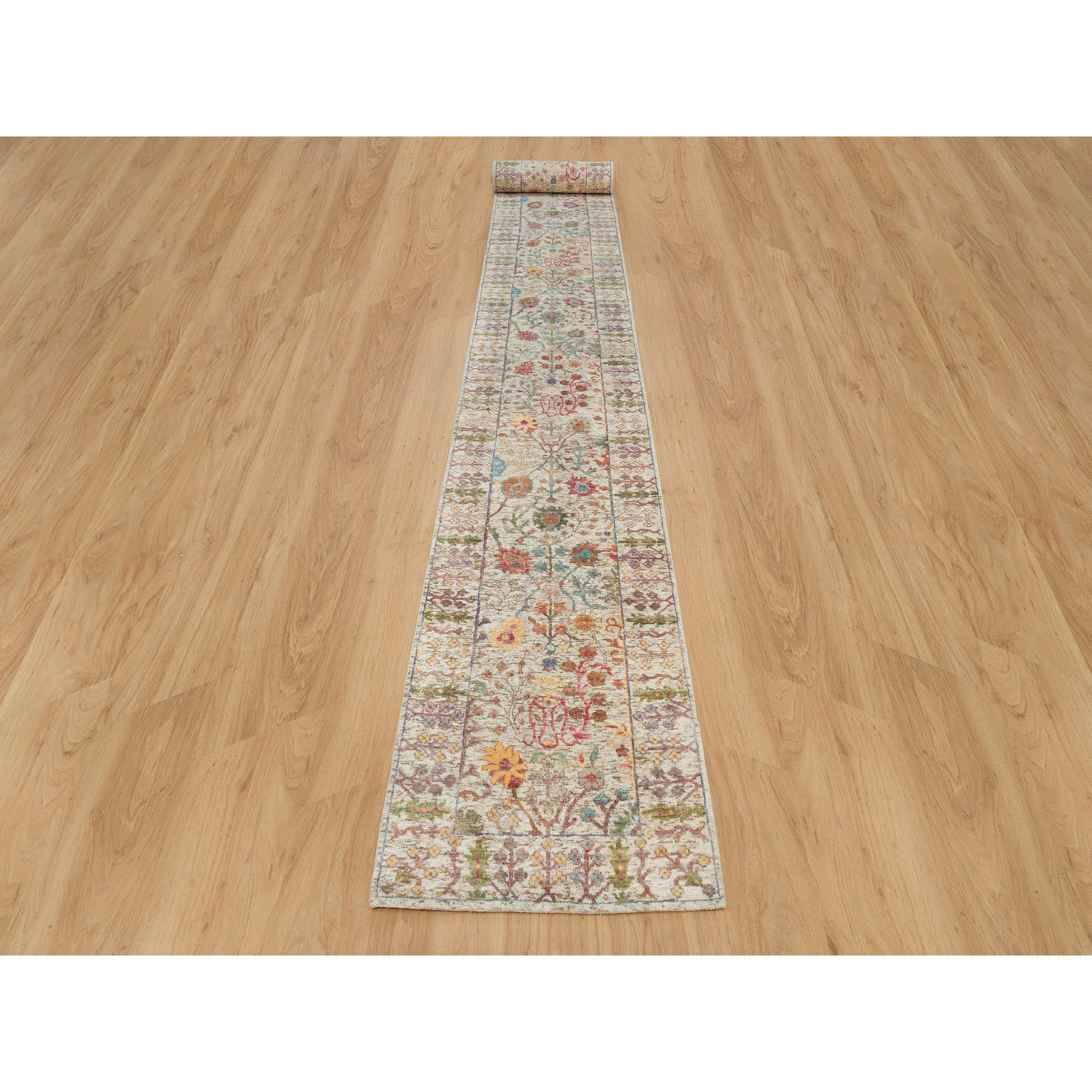 This is a truly genuine one-of-a-kind Beige, Silk With Textured Wool Hand Knotted, Directional Vase Design, Square Oriental Rug. It has been Knotted for months and months in the centuries-old weaving craftsmanship techniques by expert
