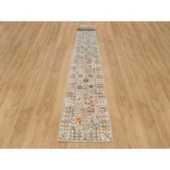 2'6"x25'10" Beige Hand Knotted Directional Vase Design Silk and Wool XL Runner R
