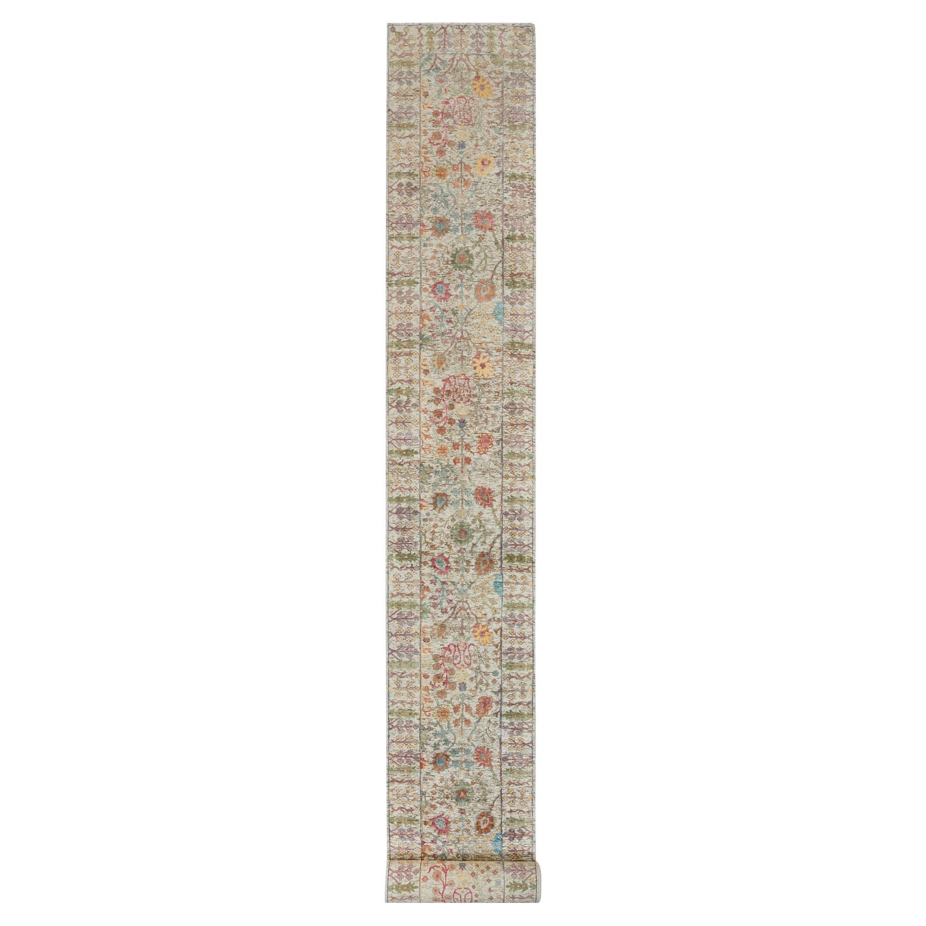 2'6"x25'10" Beige Hand Knotted Directional Vase Design Silk and Wool XL Runner R For Sale
