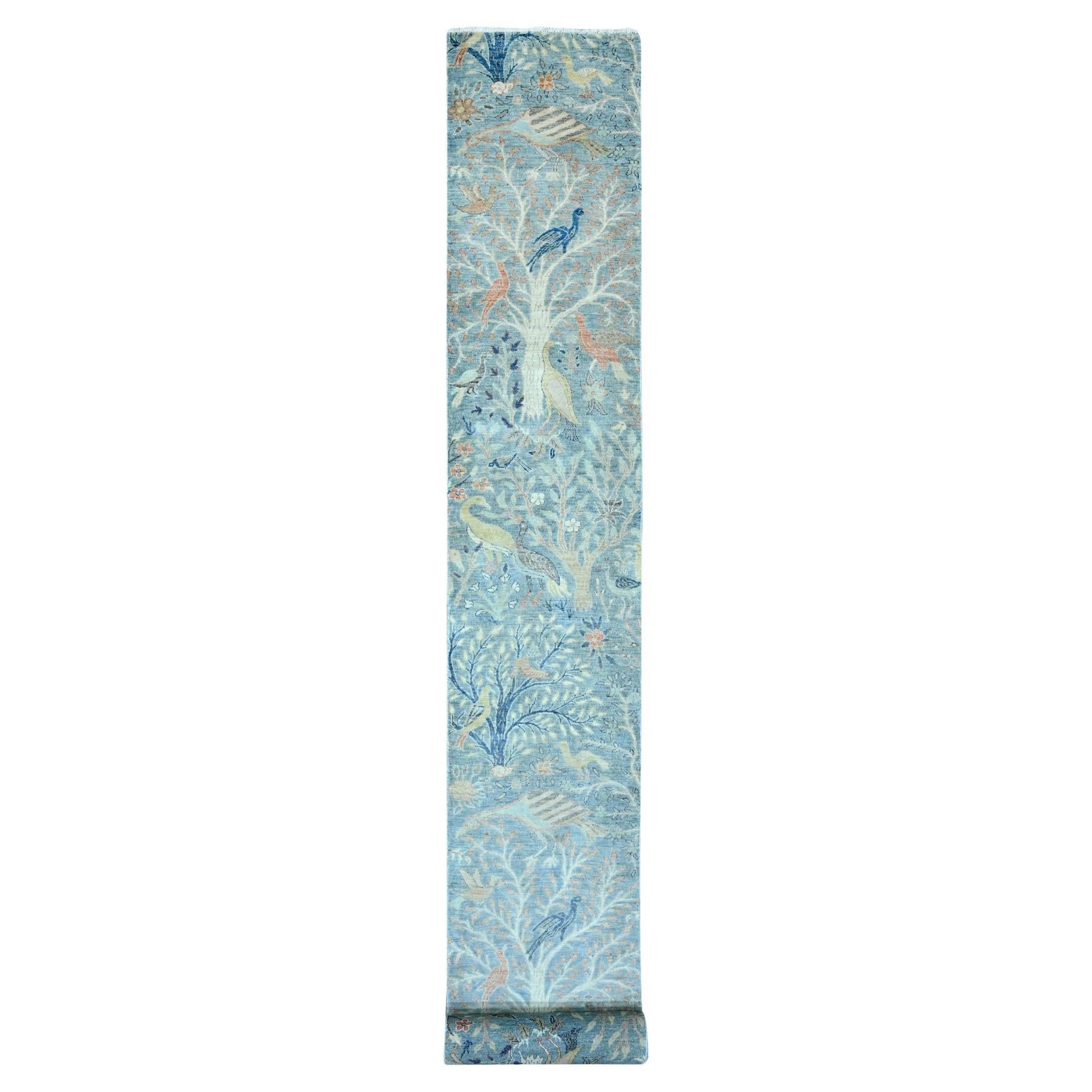 2'6"x25'4" Blue Peshawar Birds of Paradise Design Wool Hand Knotted Runner Rug
