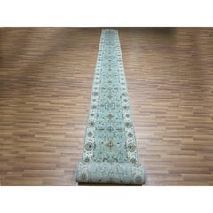 2'6"x25'7" Blue Pure Wool Agra Shah Abbas Vines Design Hand Knotted Runner Rug