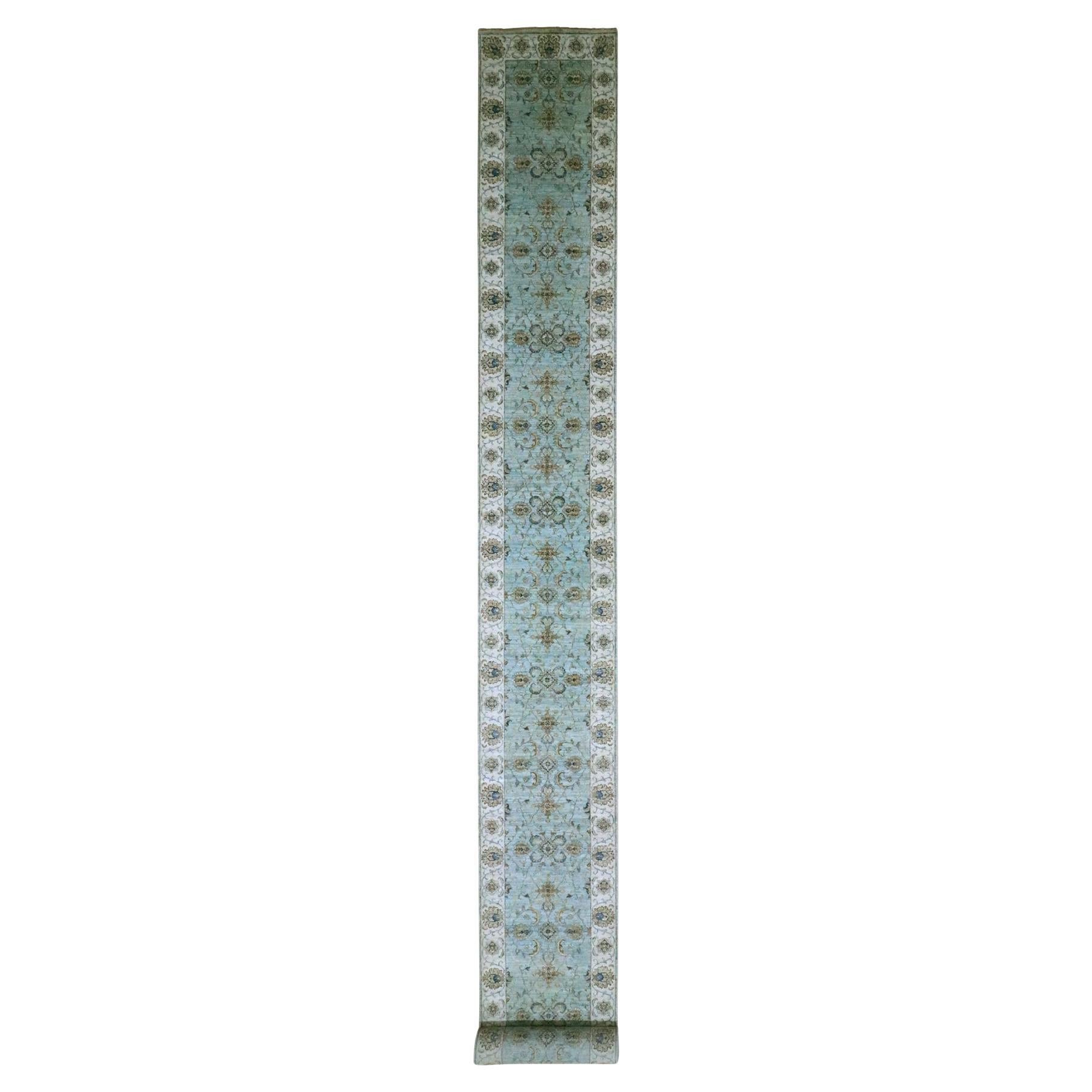 Tappeto Runner annodato a mano 2'6 "x25'7" blu in pura lana Agra Shah Abbas Vines Design