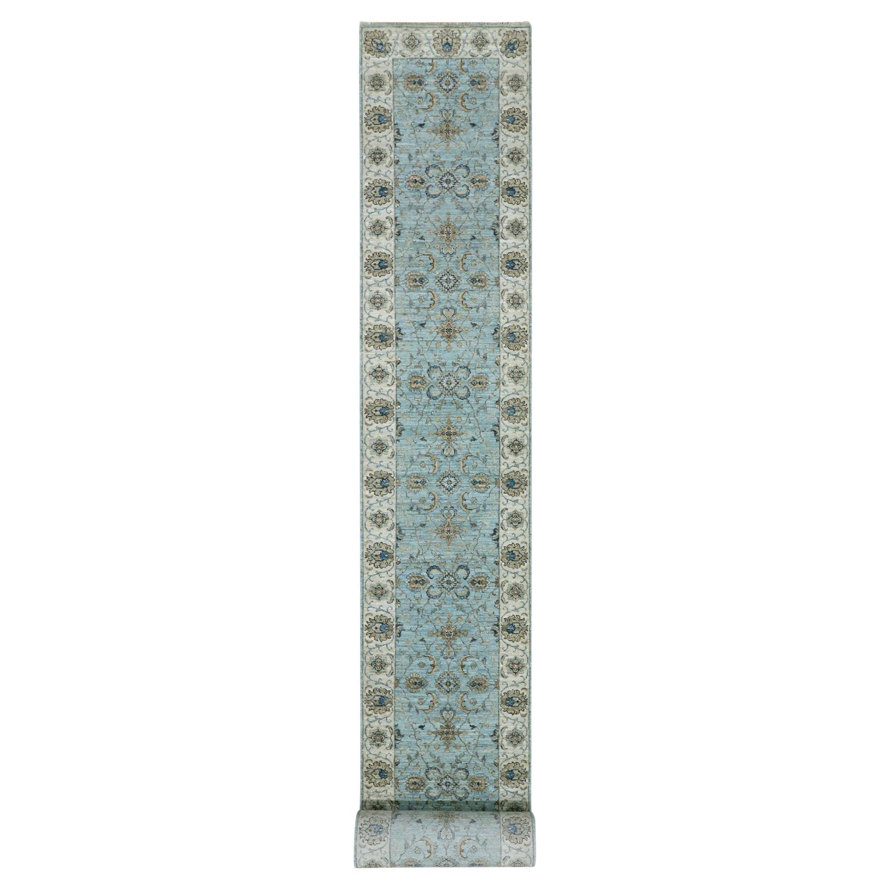 2'6"x25'8" Cerulean Blue Pure Wool Hand Knotted Shah Abbas XL Runner Oriental