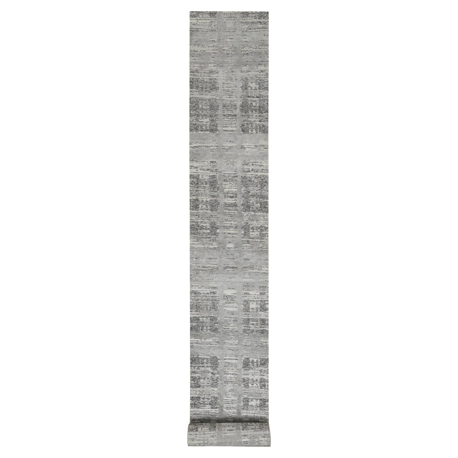2'6"x25'9" Gray Hand Knotted Modern Design Natural Wool XL Runner Oriental Rug