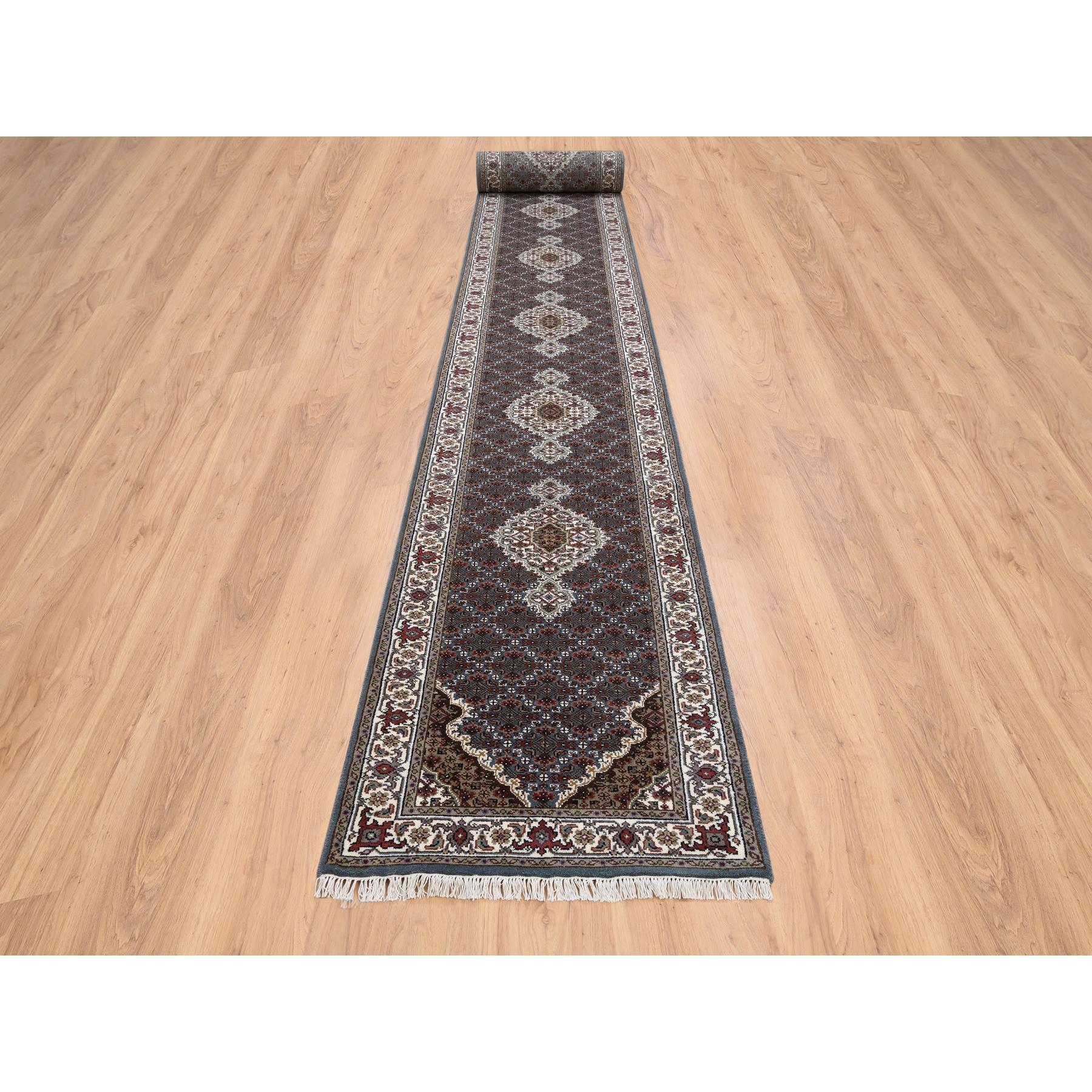 This is a truly genuine one-of-a-kind Light Gray Hand Knotted Tabriz Mahi with Fish Medallion Design, Pure Wool XL Runner Oriental Rug. It has been Knotted for months and months in the centuries-old weaving craftsmanship techniques by expert